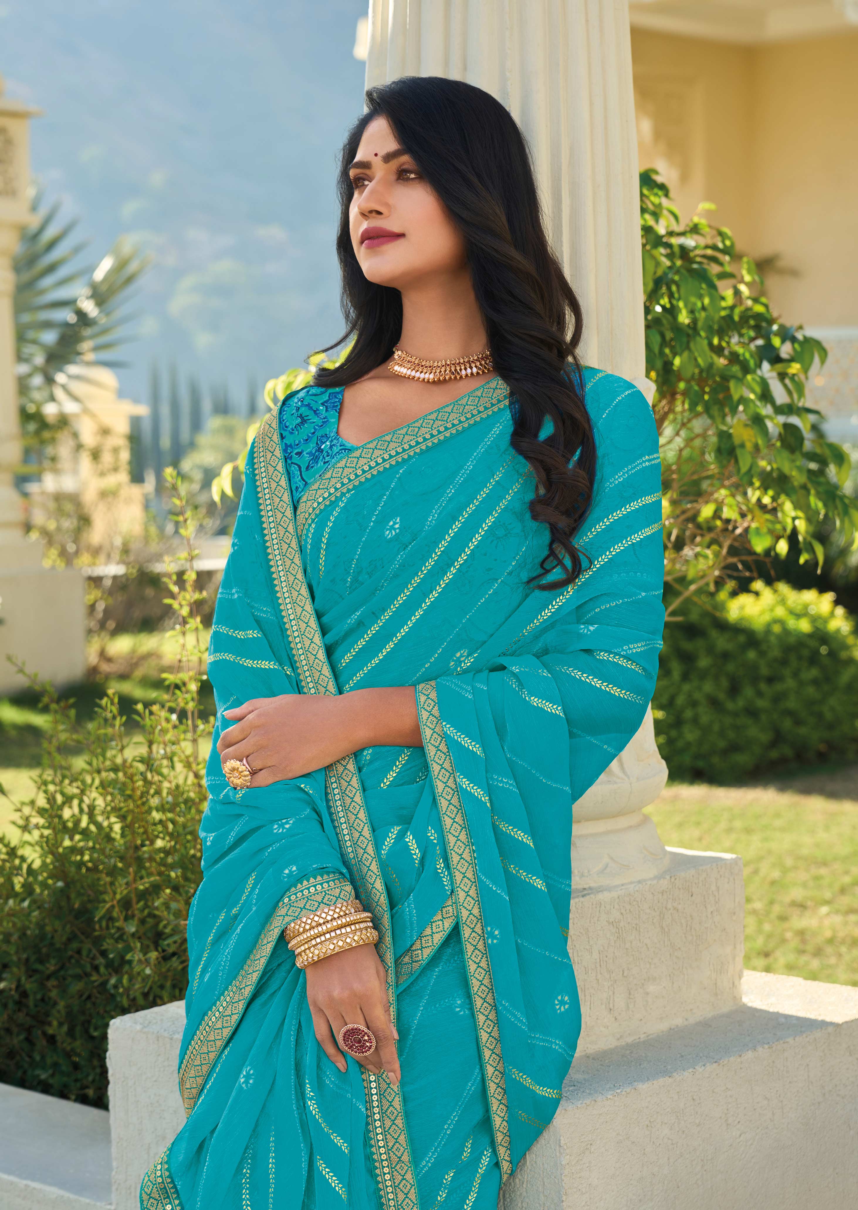 Blue Striped Chiffon Saree – Soft, Flowing & Stylish - Rang Panchami