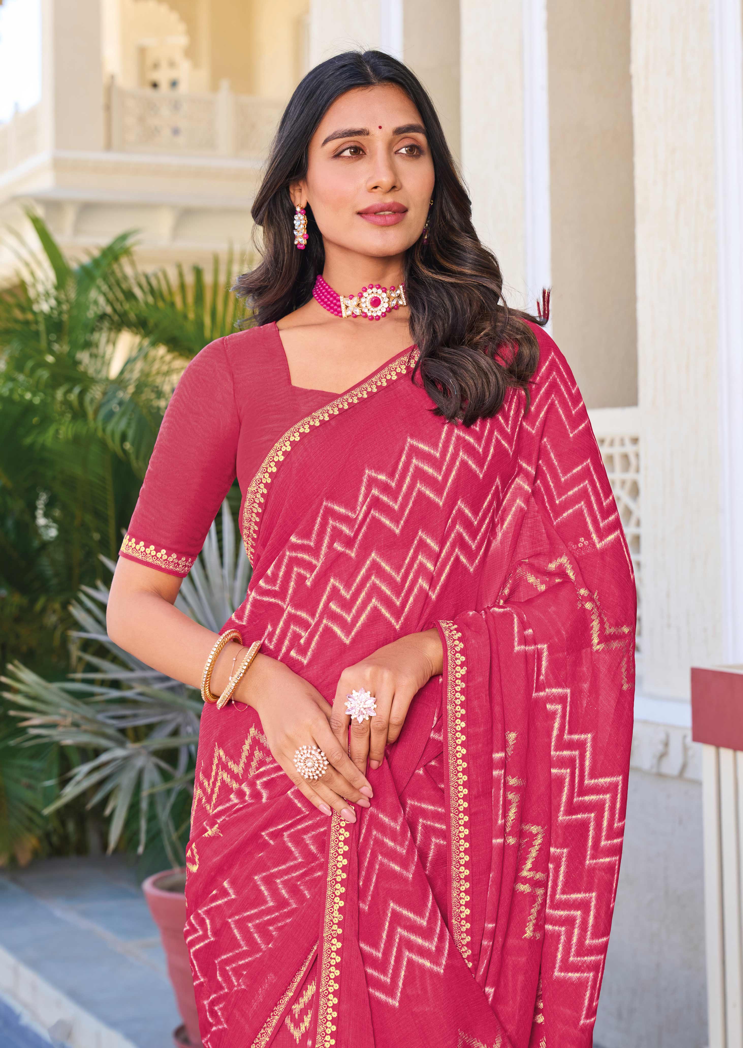 Pink Geometric Pattern Saree – Perfect for Casual - Rang Panchami