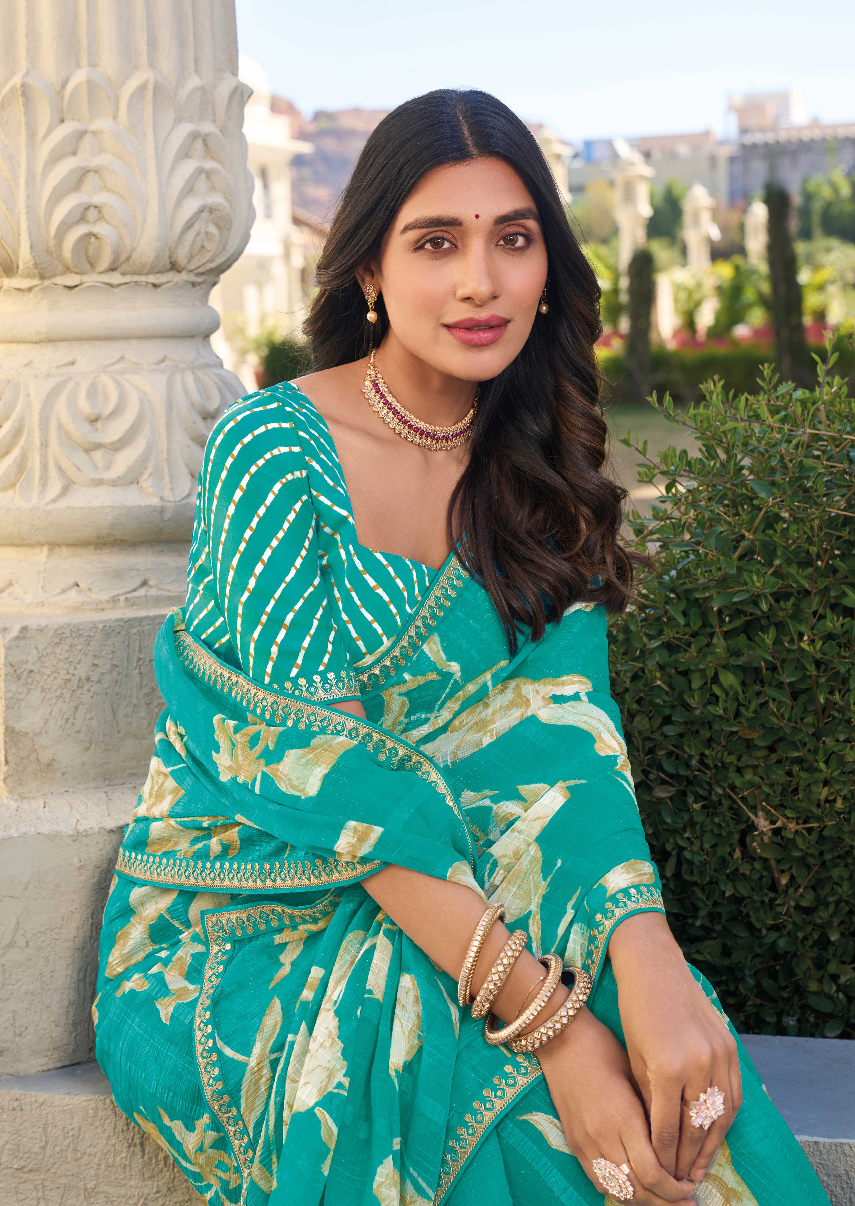 Turquoise Blue Chiffon Saree with Floral Prints – Soft & Stylish - Rang Panchami