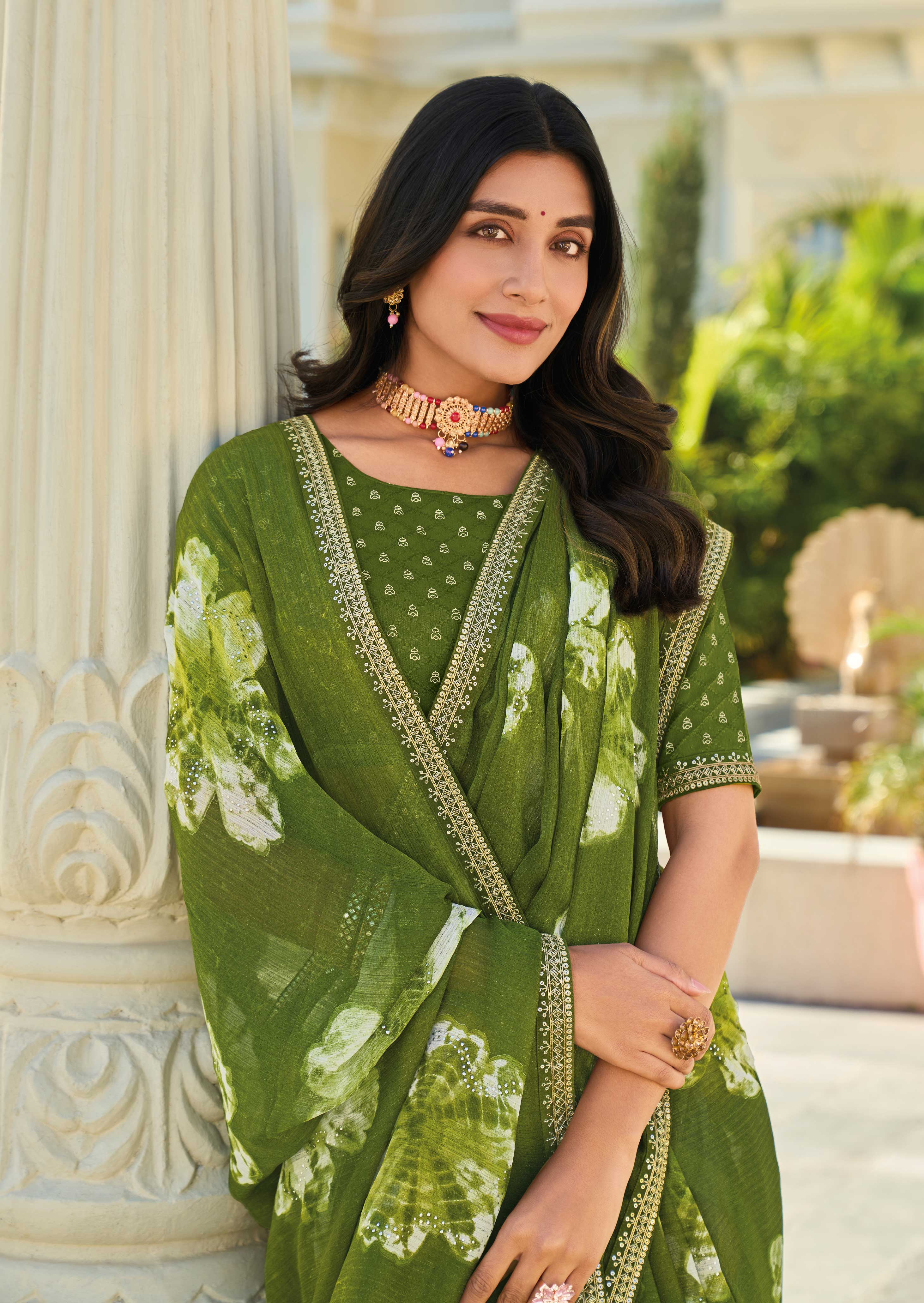 Green Chiffon Saree with Floral Patterns – Ethnic, Classy & Vibrant- Rang Panchami