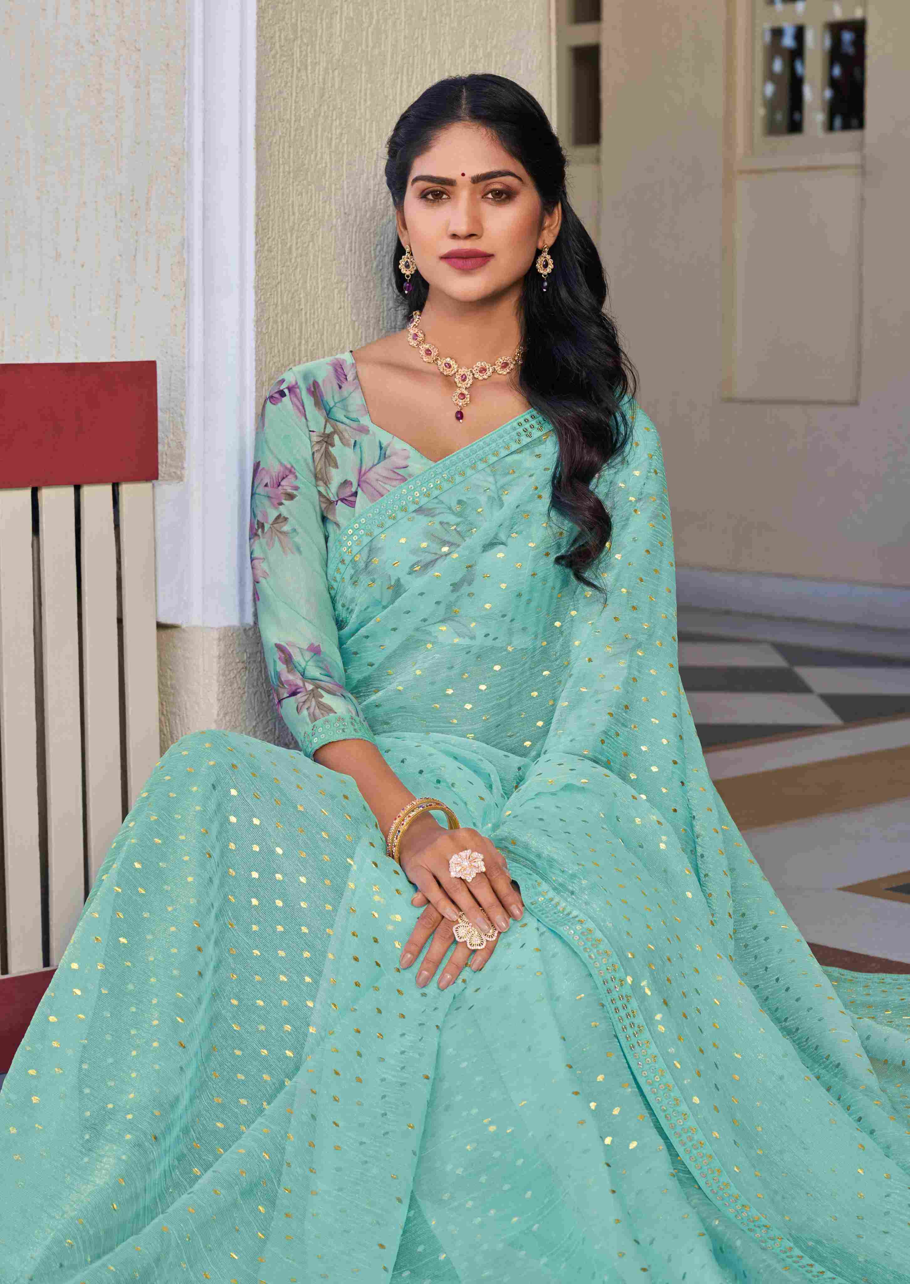 Baby Blue Chiffon Floral Printed Saree – Elegant, Lightweight & Stylish- Rang Panchami