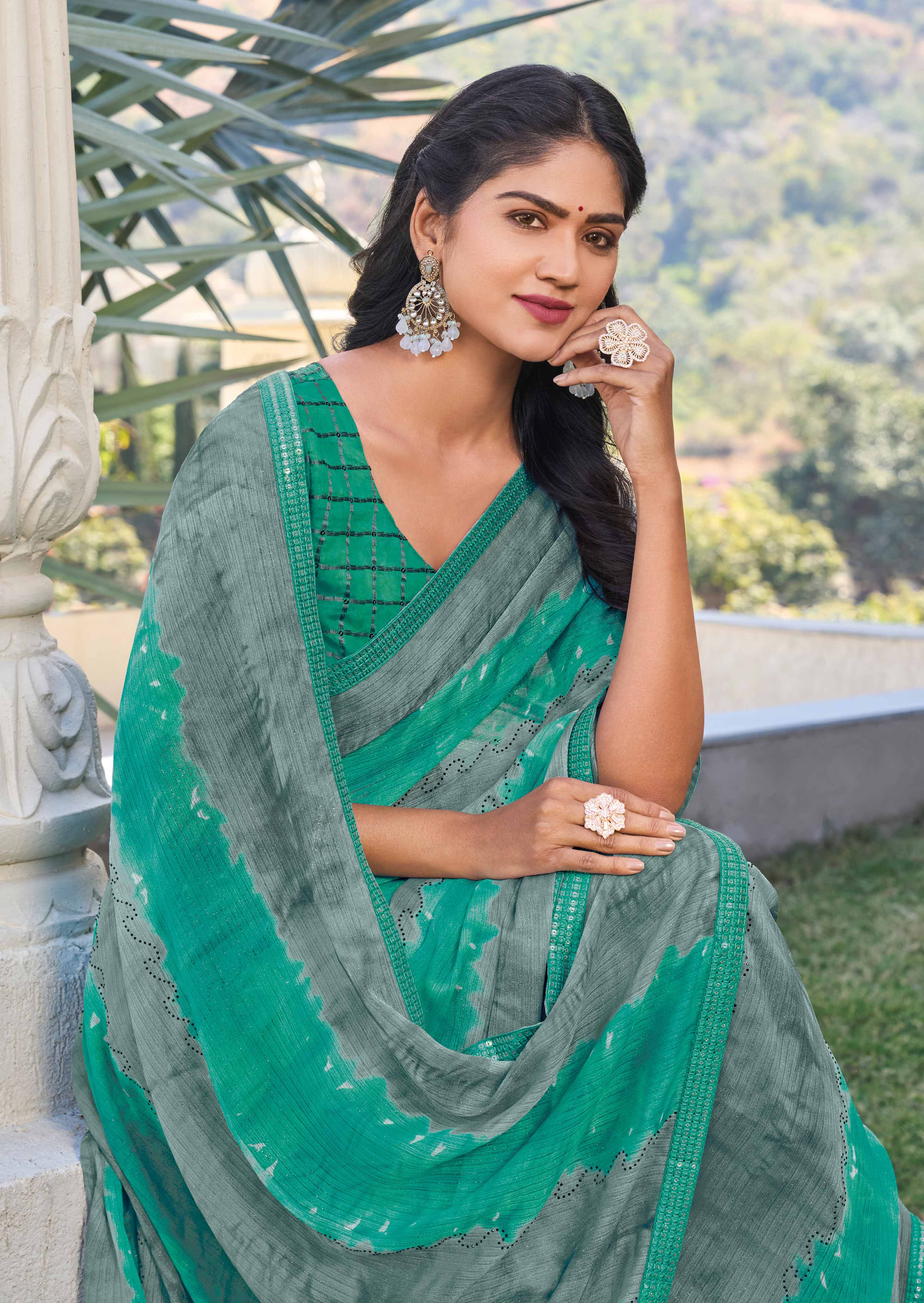 Teal Blue Chiffon Abstract Printed Saree – Elegant, Lightweight & Graceful Drape- Rang Panchami