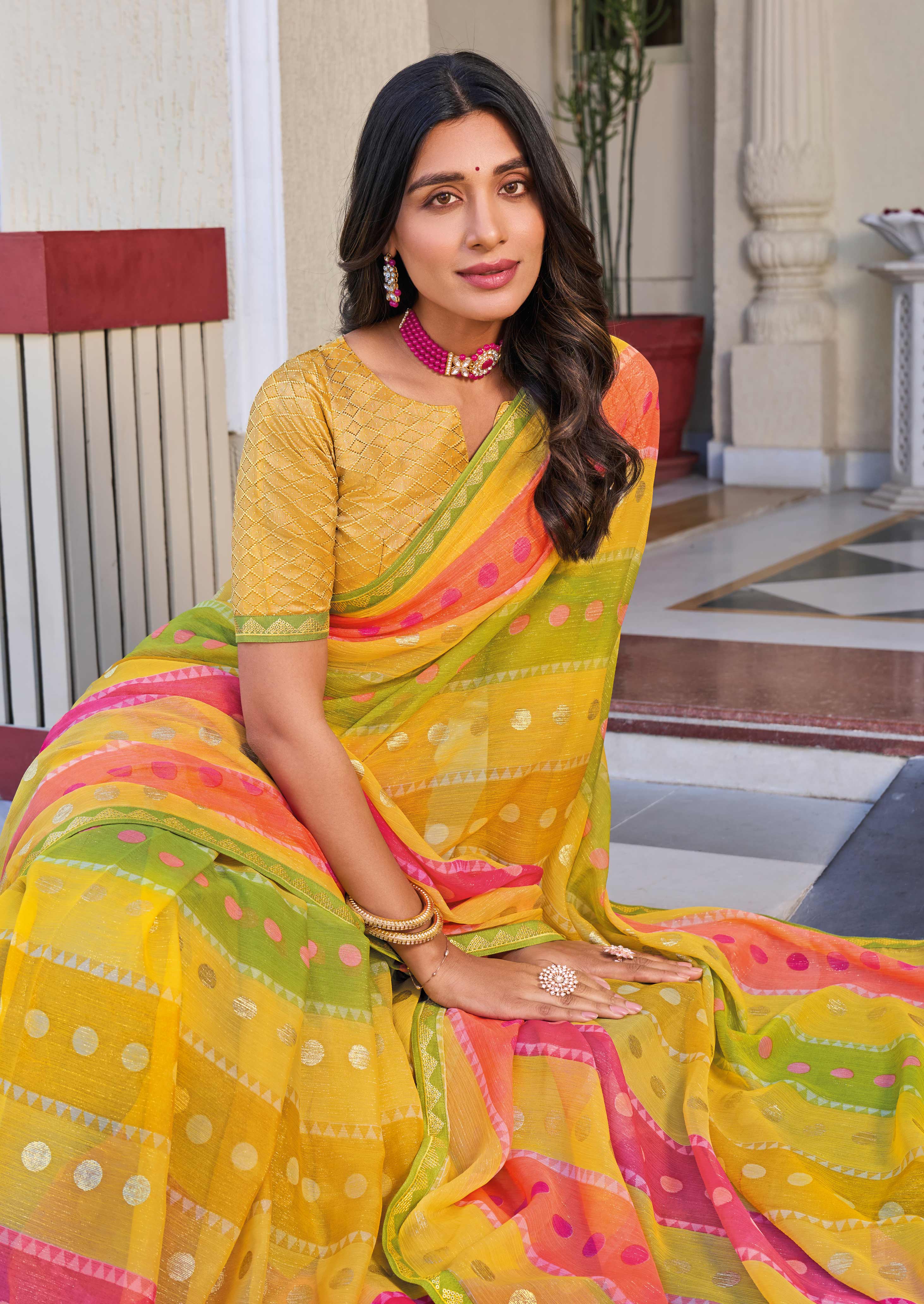 Multicolor Satin Chiffon Saree with Stripe Pattern – Elegant, Lightweight & Stylish- Rang Panchami