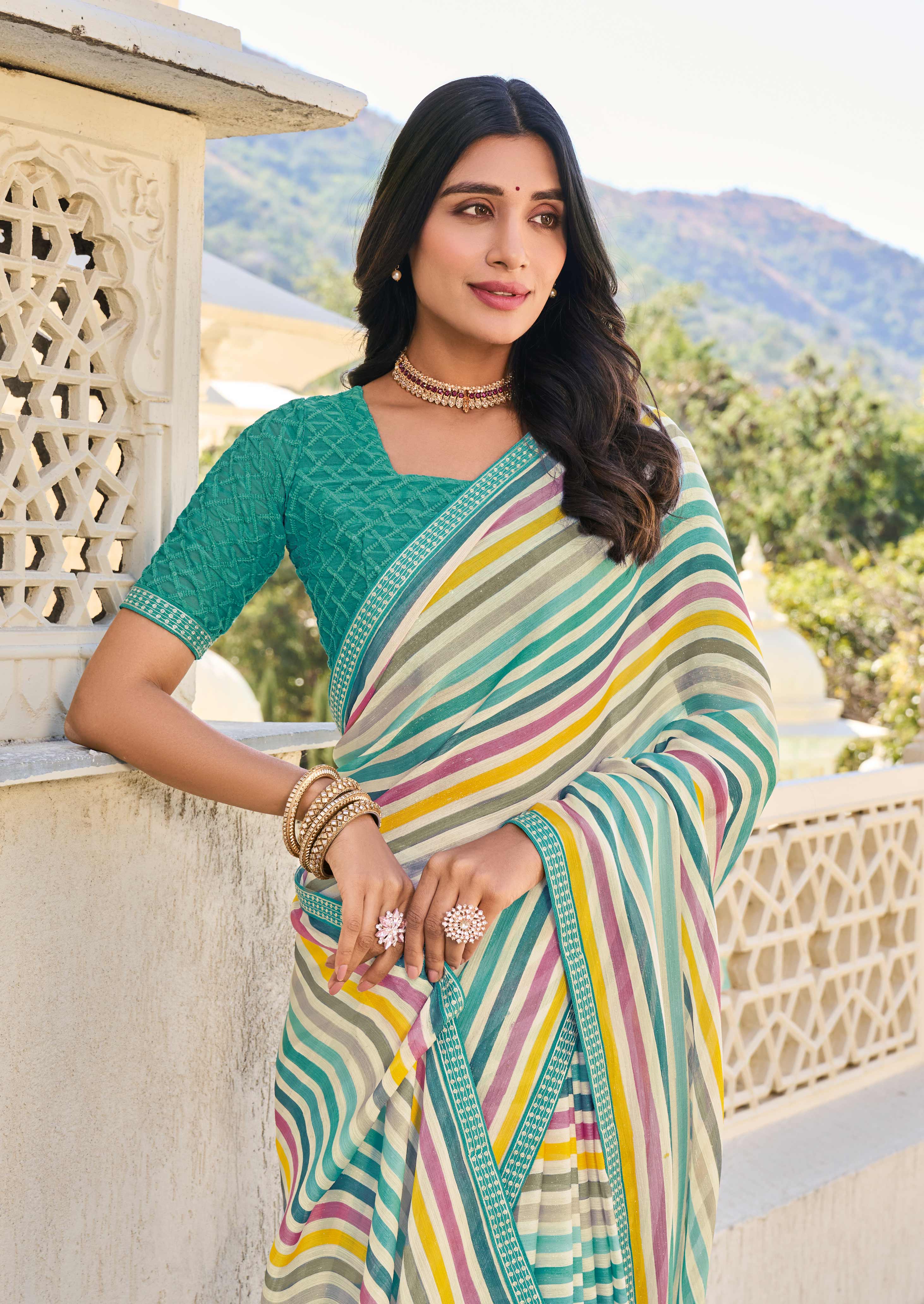 Multicolor Striped Georgette Saree – Soft, Flowing & Trendy- Rang Panchami