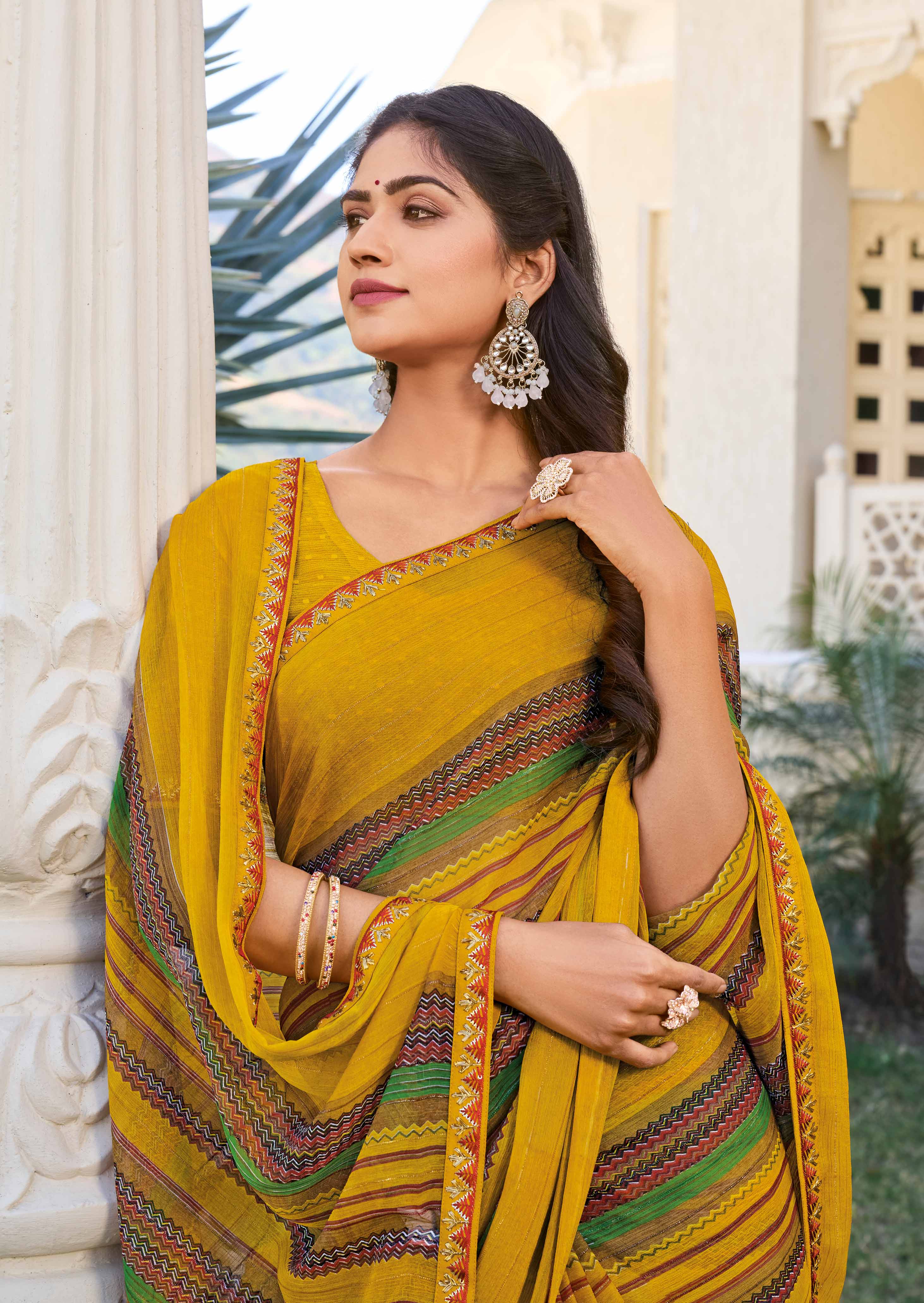 Mustard Printed Chiffon Saree – Ideal for Office & Daily Wear - Rang Panchami