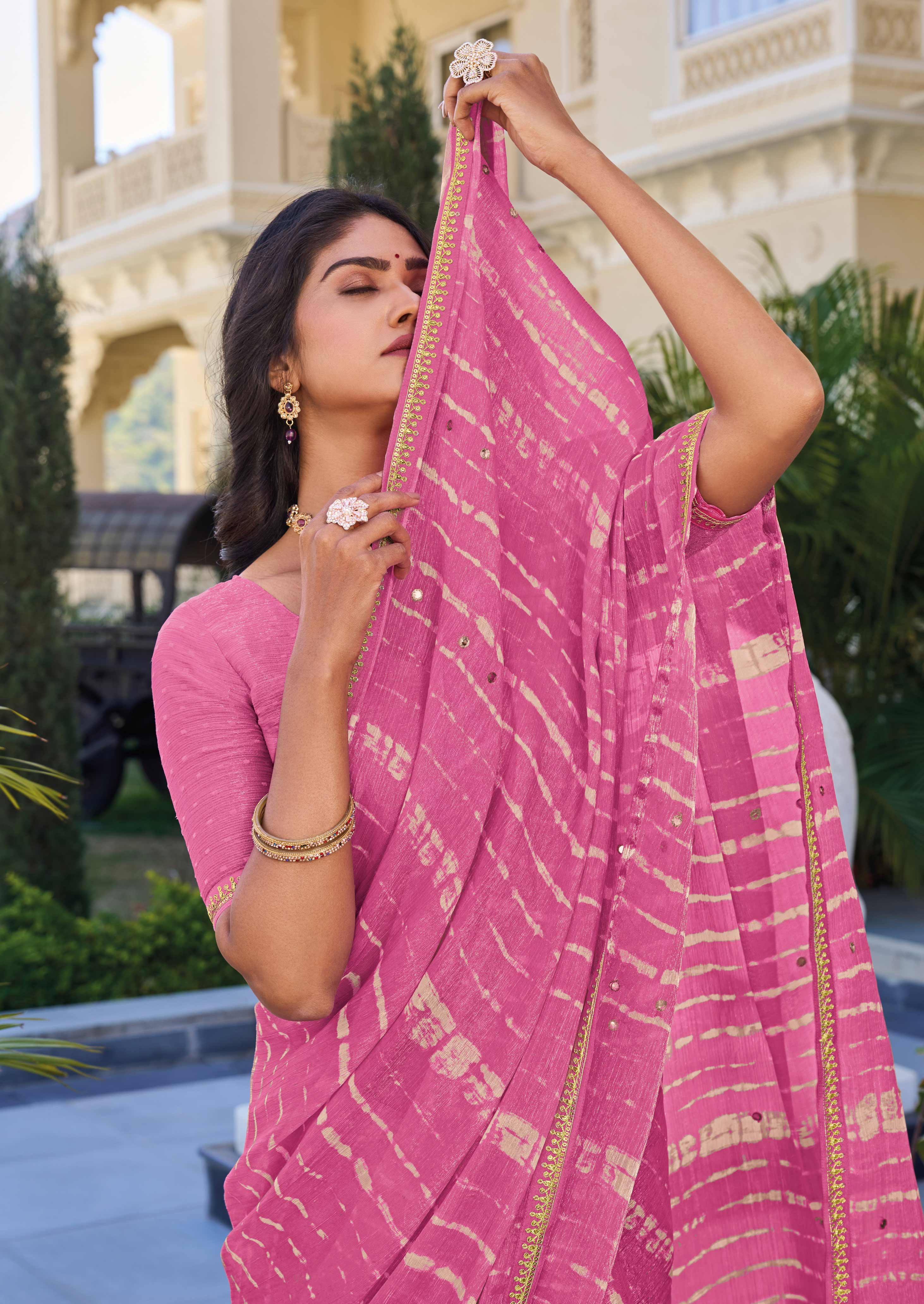 Pink Chiffon Printed Saree – Elegant, Lightweight & Graceful Drape - Rang Panchami