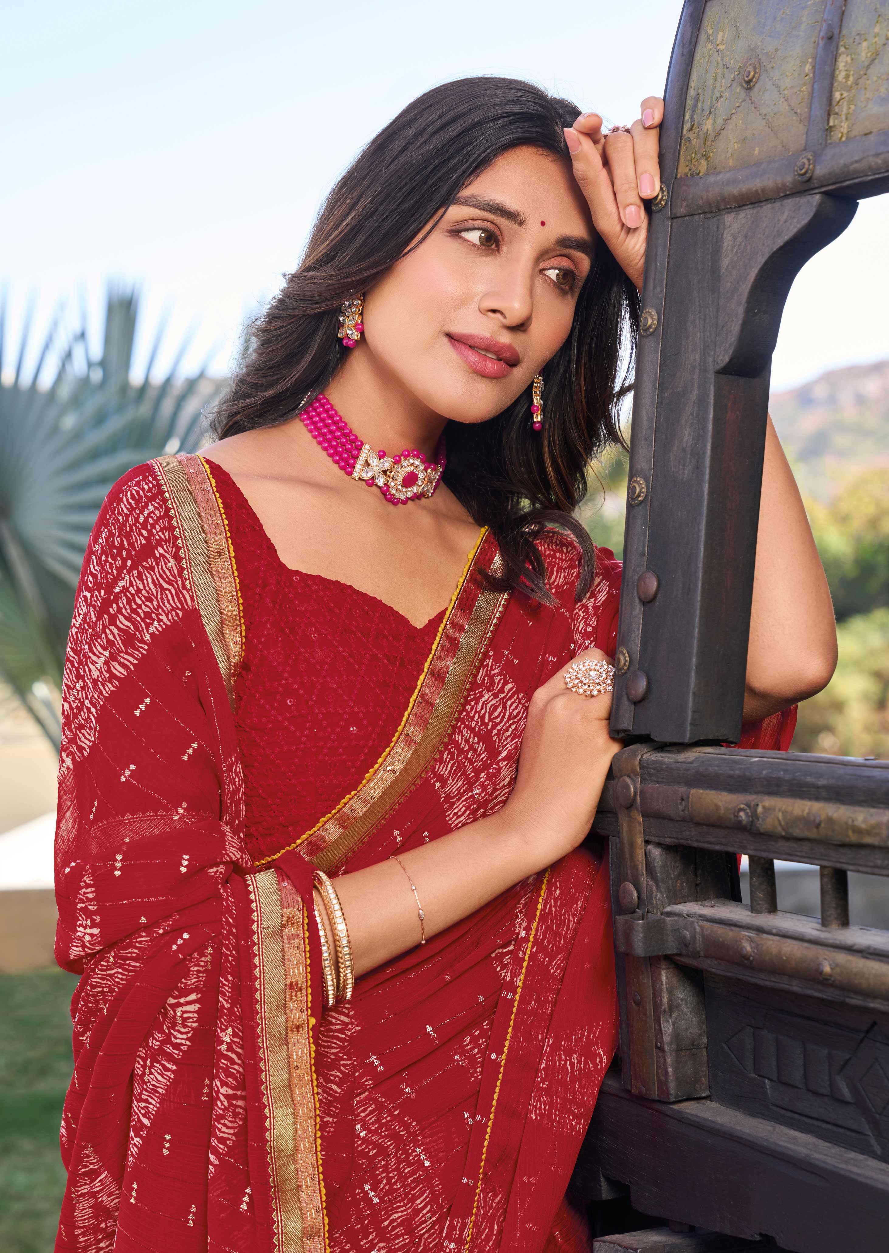 Red Geometric Pattern Chiffon Saree – Soft, Flowing & Stylish - Rang Panchami