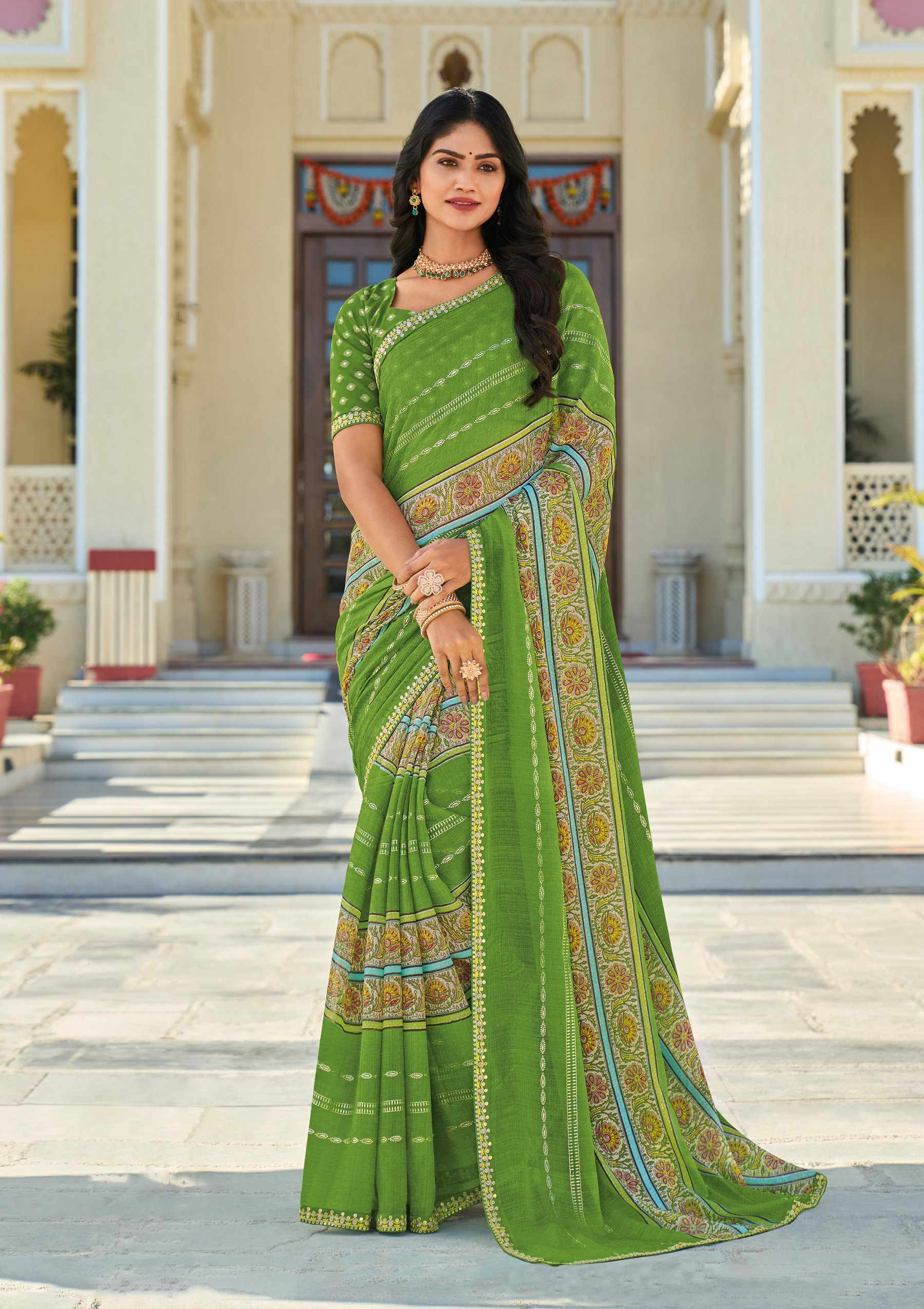 Green Chiffon Butti Printed Saree – Soft, Flowing & Stylish Look - Rang Panchami