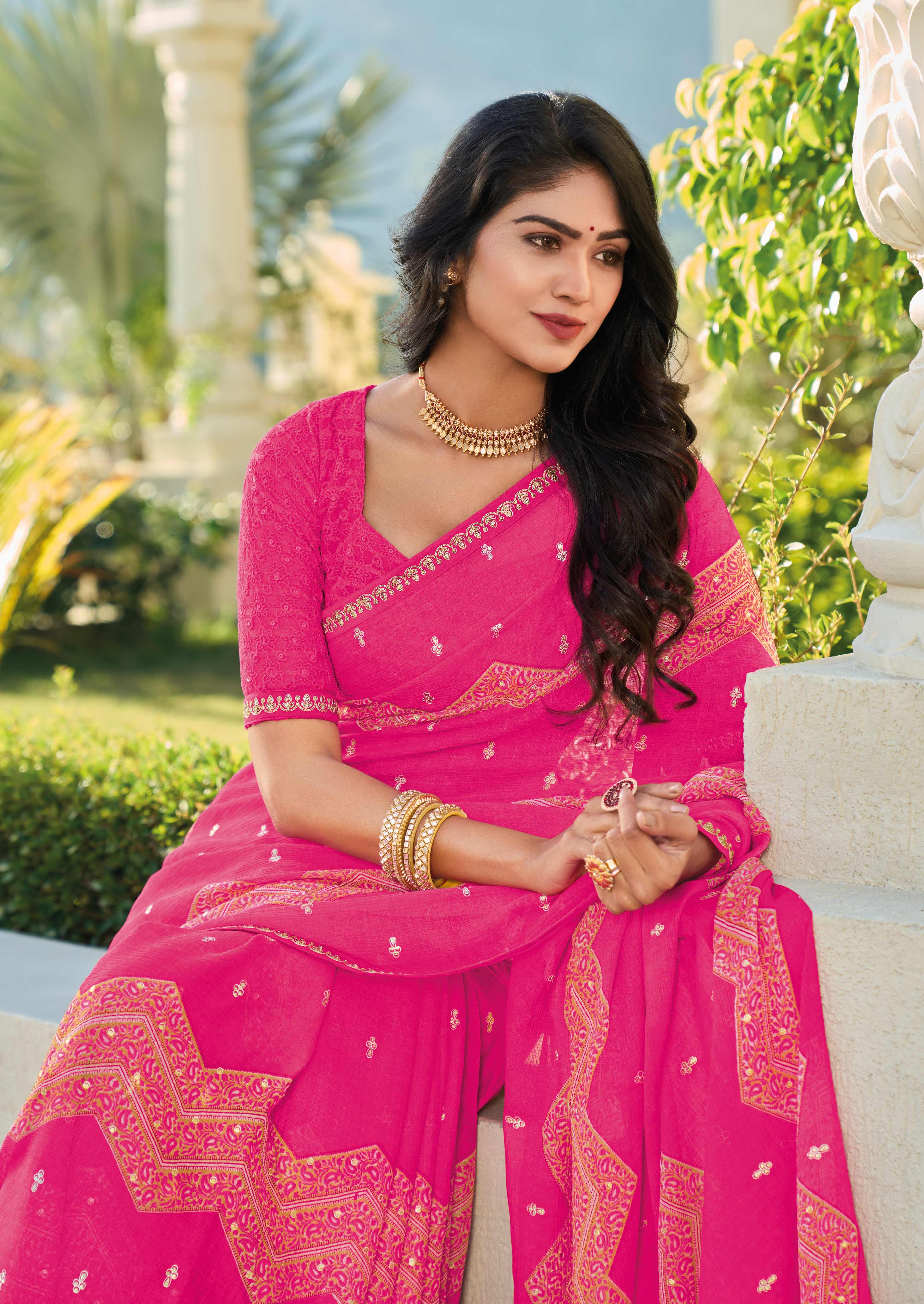 Pink Chiffon Saree – Lightweight, Flowing & Stylish Drape- Rang Panchami
