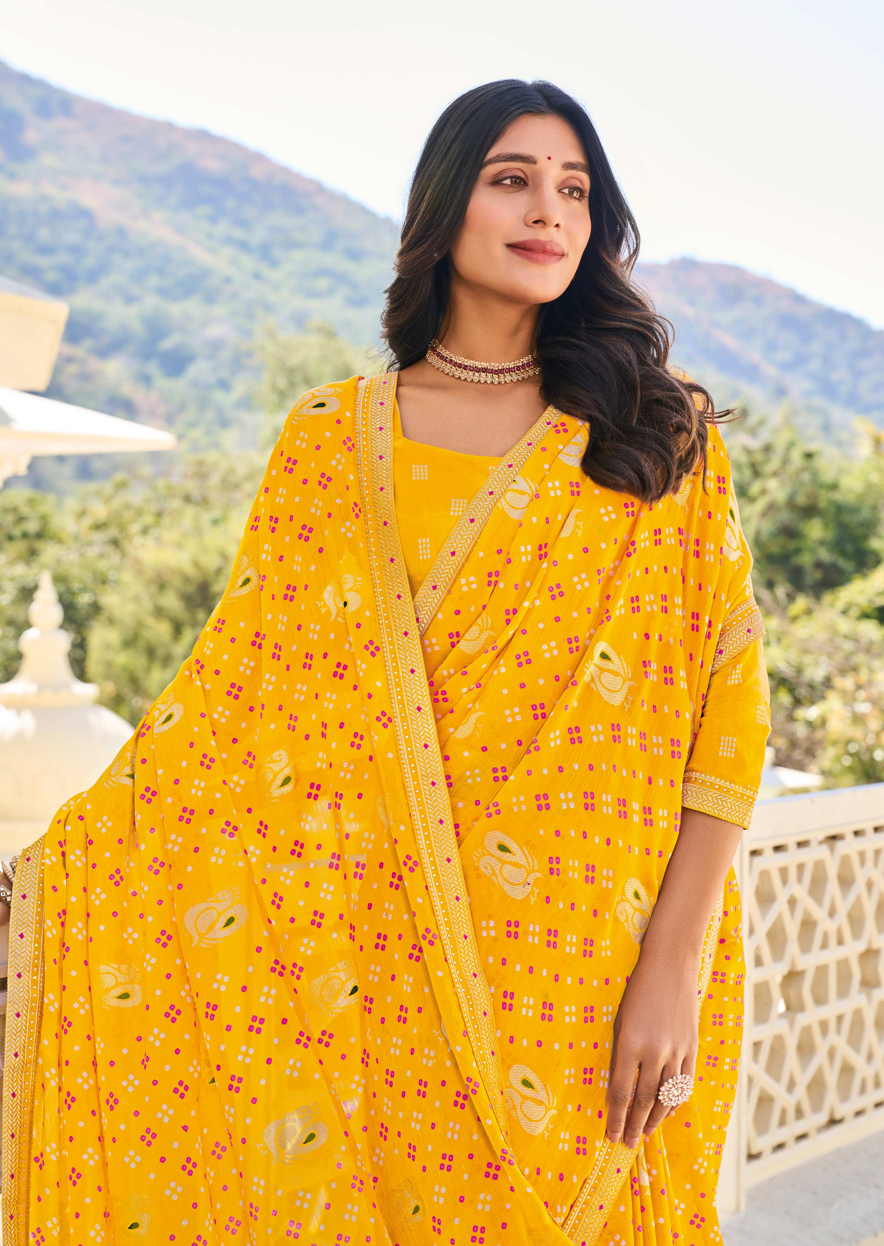 Mustard Yellow Chiffon Bandhani Print Saree – Lightweight & Graceful Drape- Rang Panchami