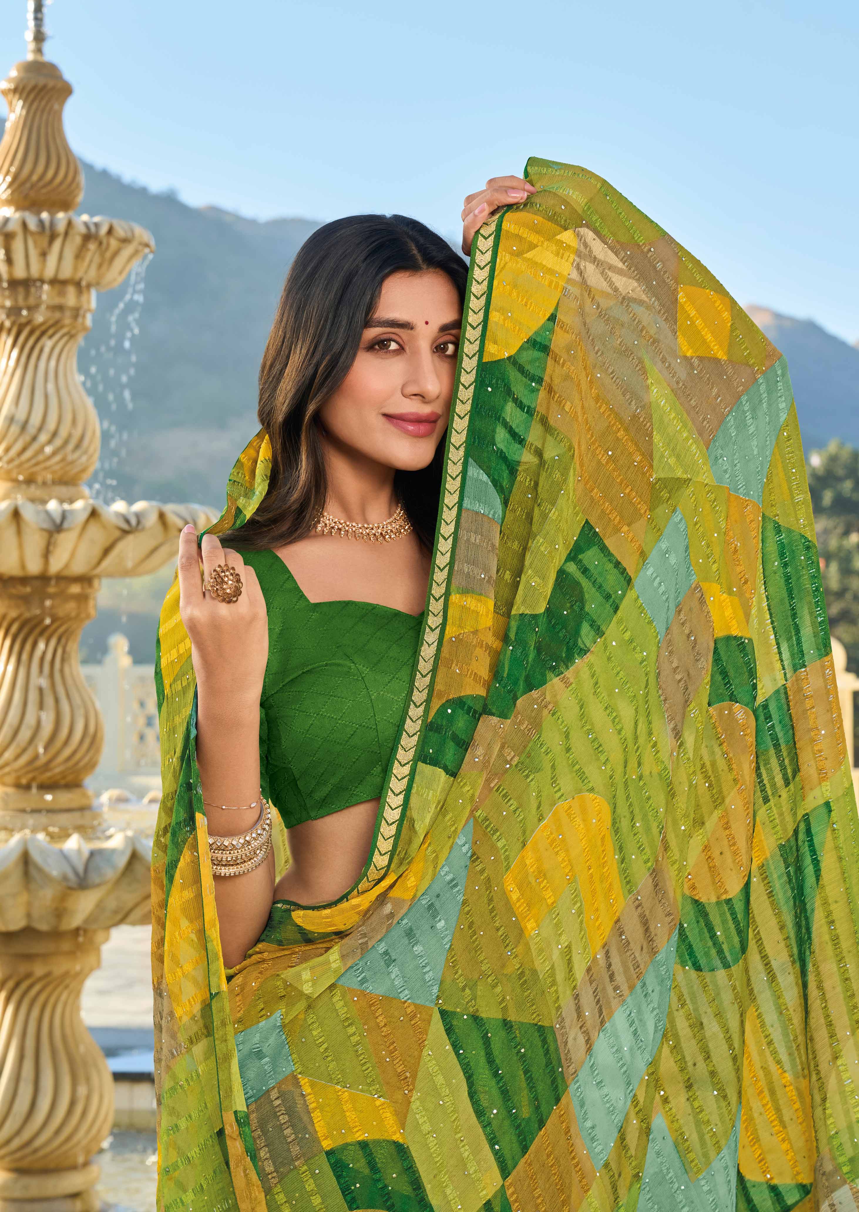 Multicolor Abstract Printed Chiffon Saree – Perfect for Casual & Office Wear- Rang Panchami