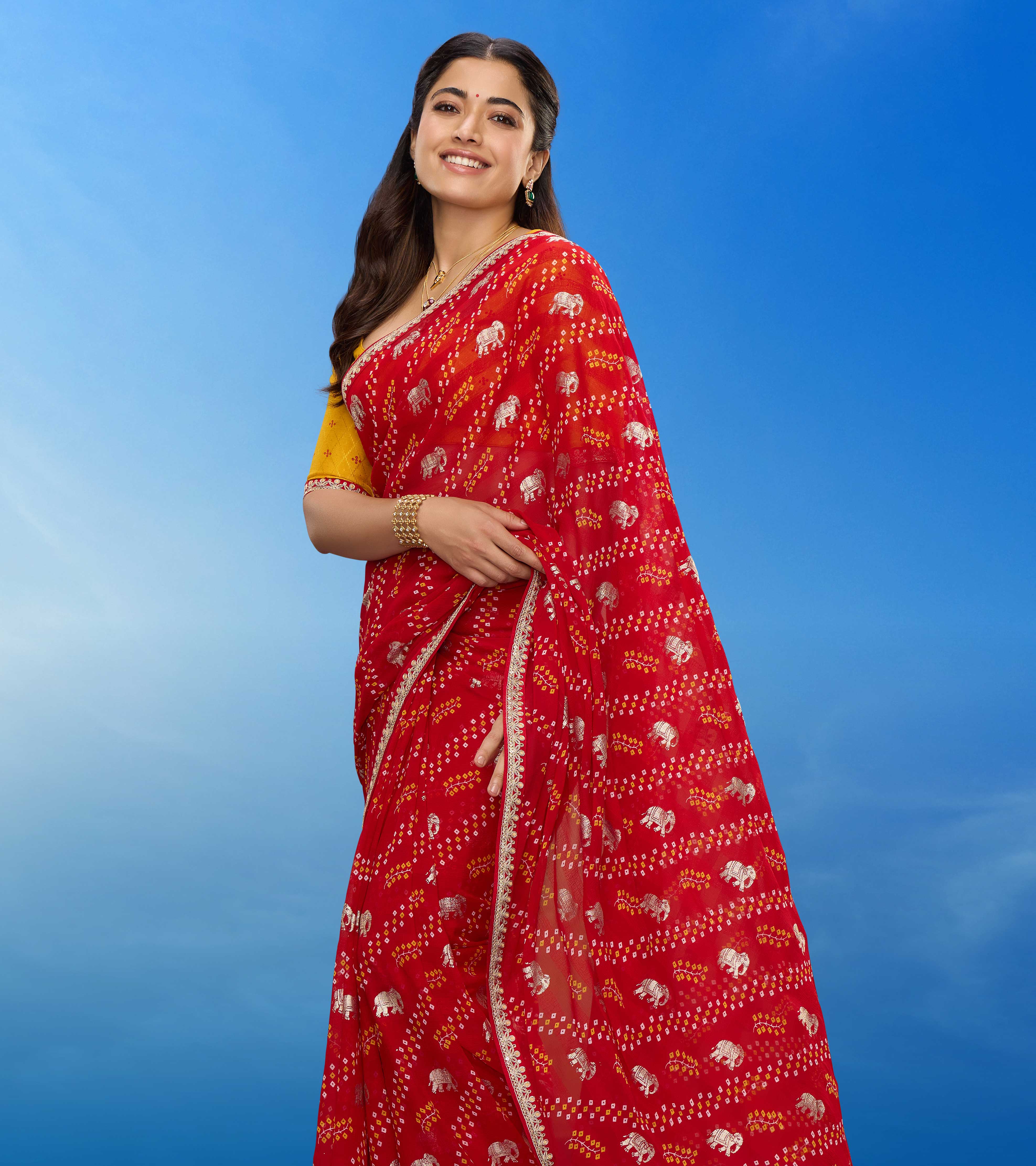 Rashmika for Laxmipati Bandhani Printed Georgette Saree in Red Color with Unstitched Blouse