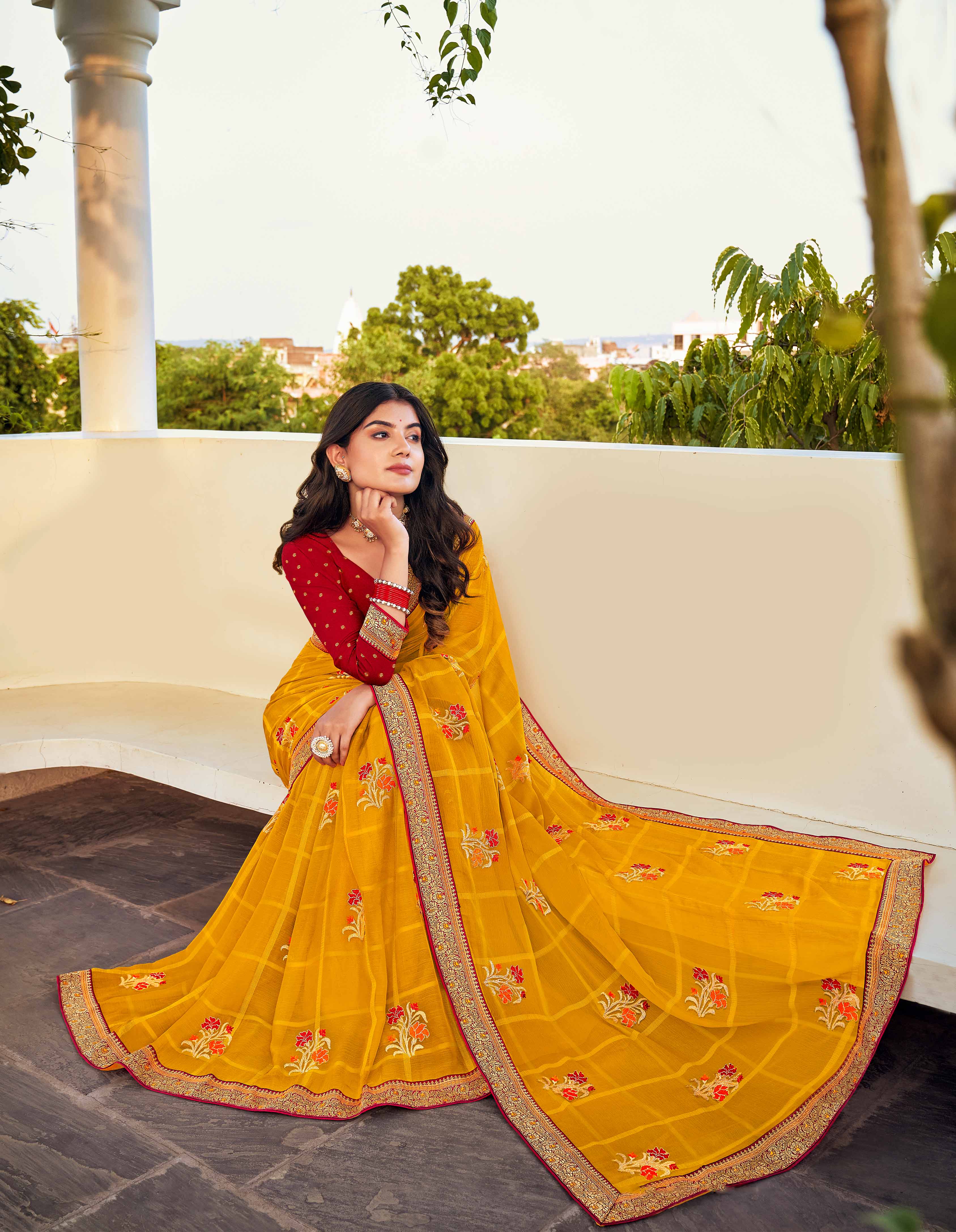 Laxmipati Ajrakh Floral Zari Motifs along with Brocade Border Chiffon Saree in Orange Color with Unstitched Blouse