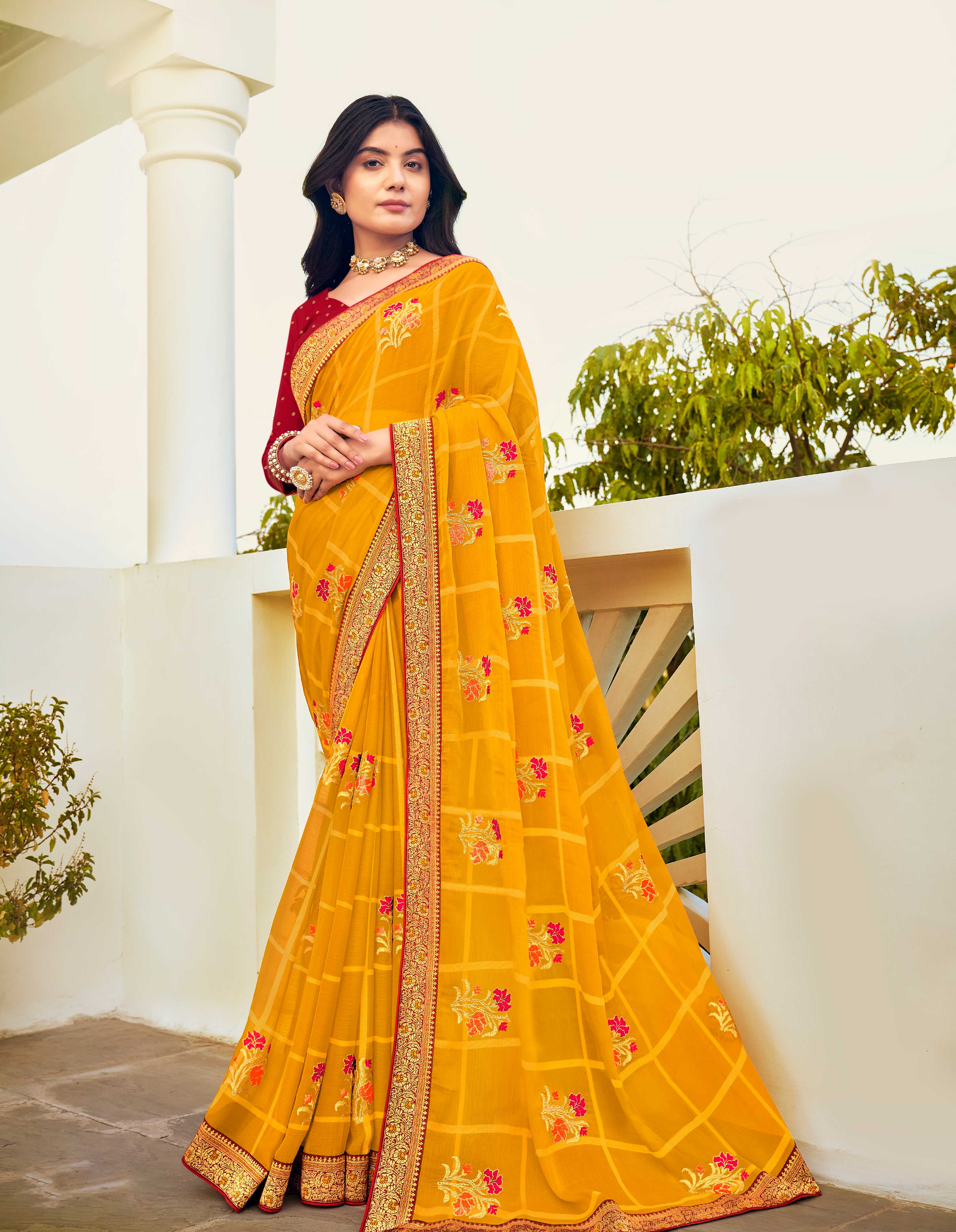 Laxmipati Ajrakh Floral Zari Motifs along with Brocade Border Chiffon Saree in Orange Color with Unstitched Blouse