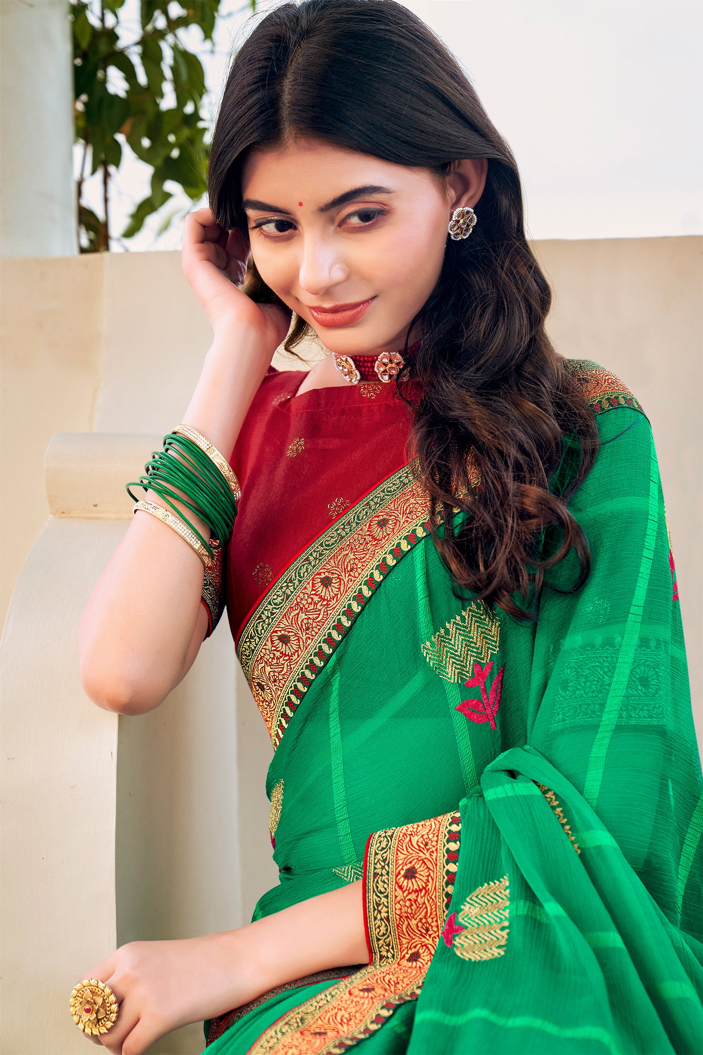 Laxmipati Ajrakh Floral Zari Motifs along with Brocade Border Chiffon Saree in Green Color with Unstitched Blouse