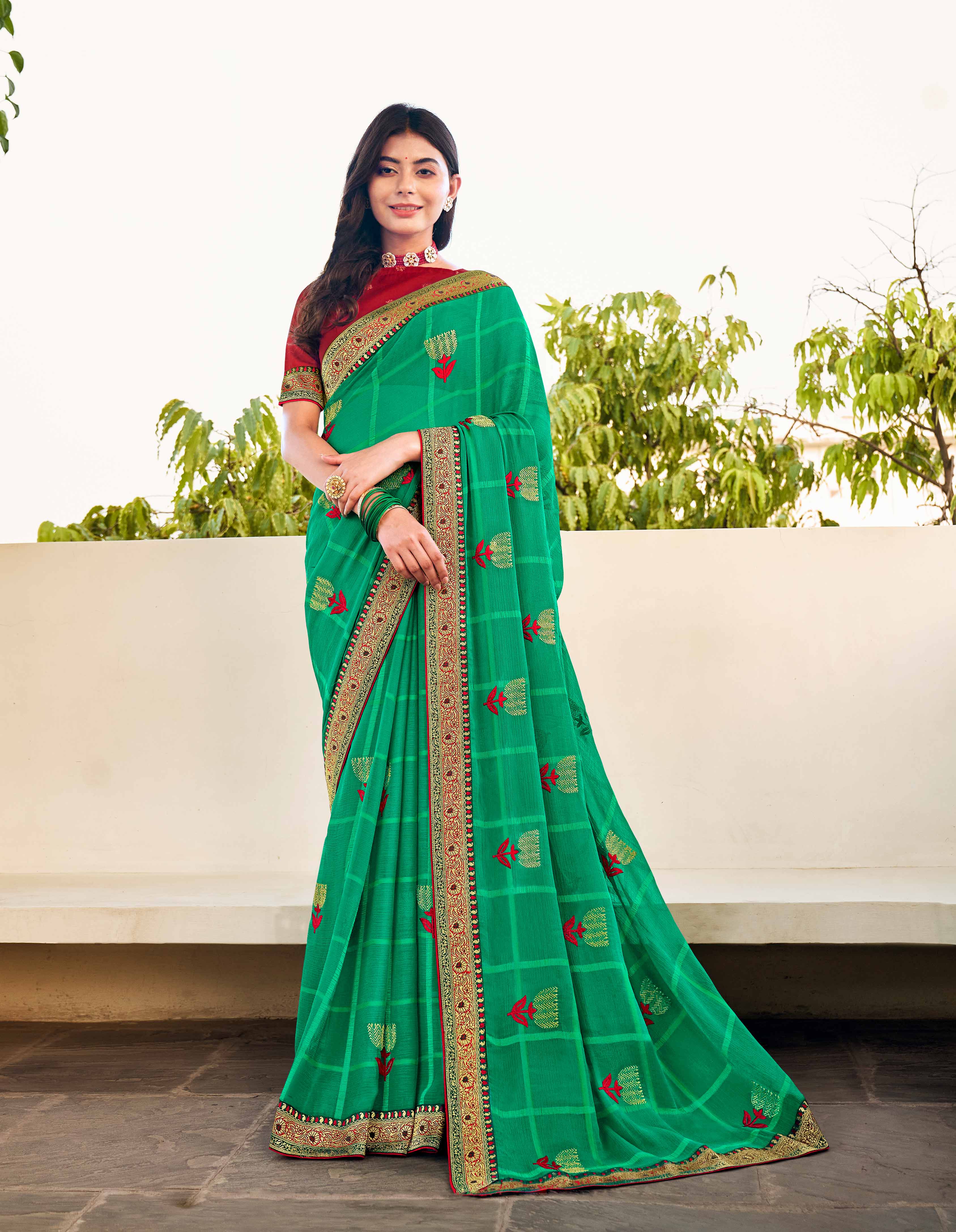 Laxmipati Ajrakh Floral Zari Motifs along with Brocade Border Chiffon Saree in Green Color with Unstitched Blouse