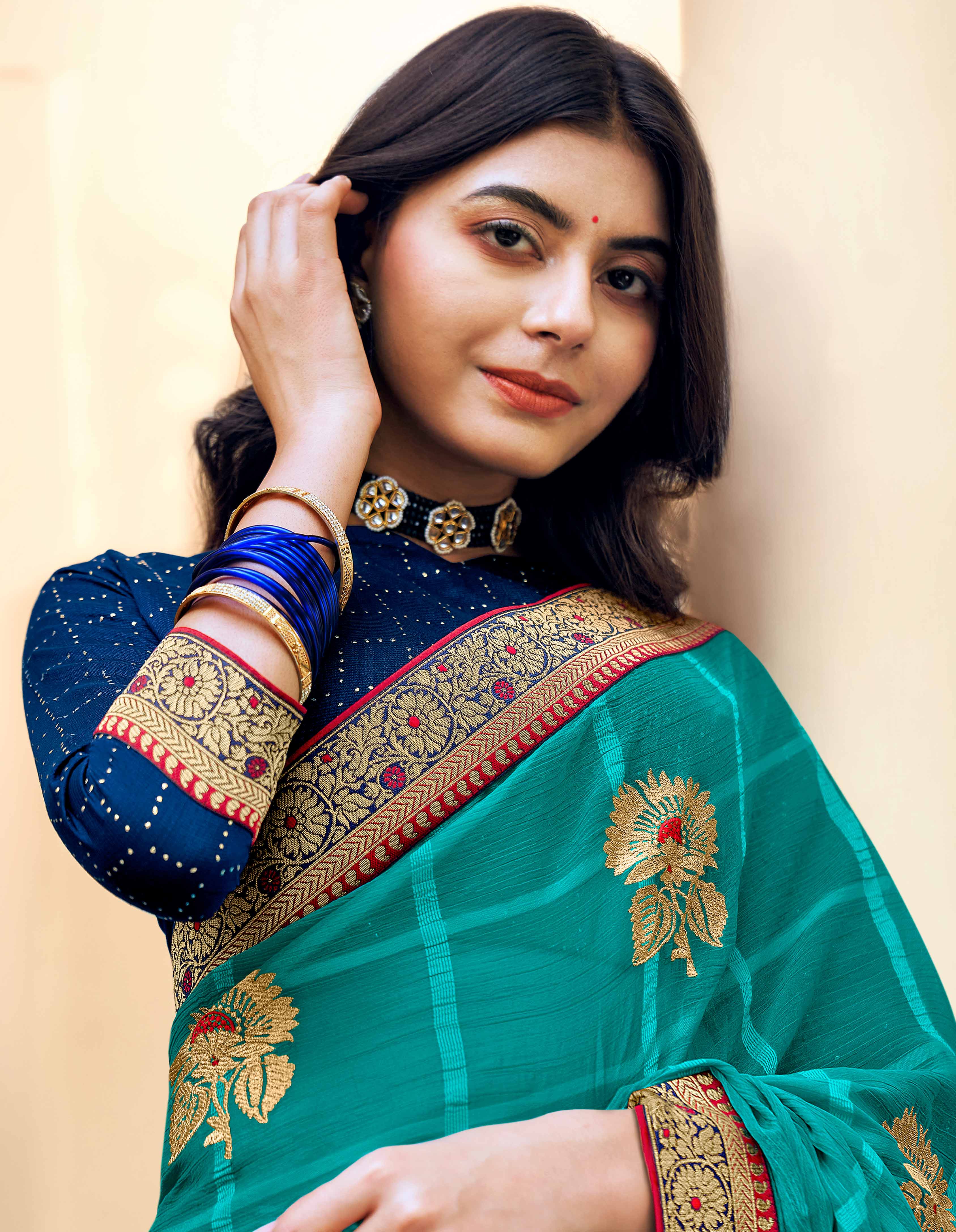 Laxmipati Ajrakh Floral Zari Motifs along with Brocade Border Chiffon Saree in Turquoise Blue Color with Unstitched Blouse