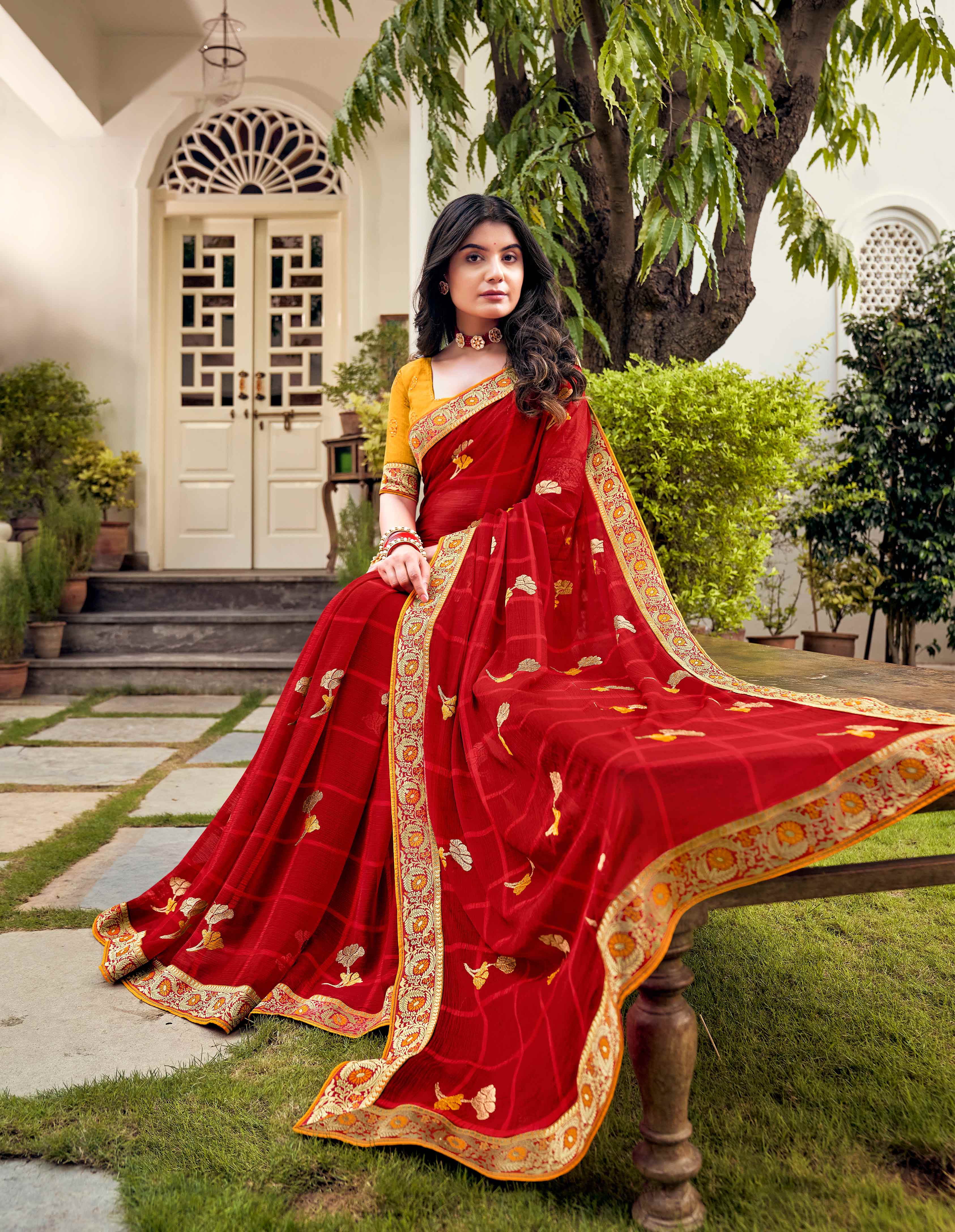 Laxmipati Ajrakh Floral Zari Motifs along with Brocade Border Chiffon Saree in Red Color with Unstitched Blouse