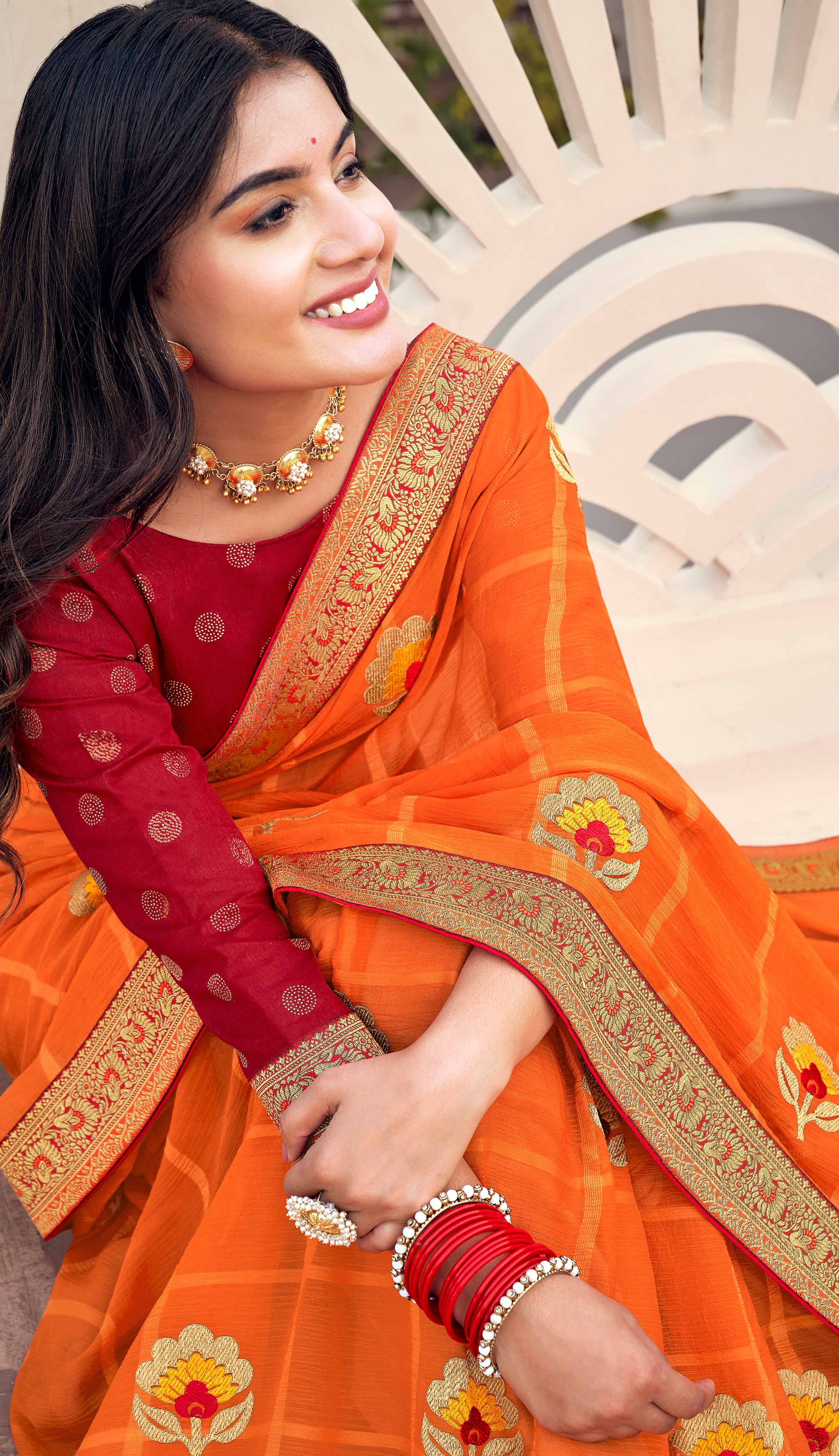 Laxmipati Ajrakh Floral Zari Motifs along with Brocade Border Chiffon Saree in Orange Color with Unstitched Blouse