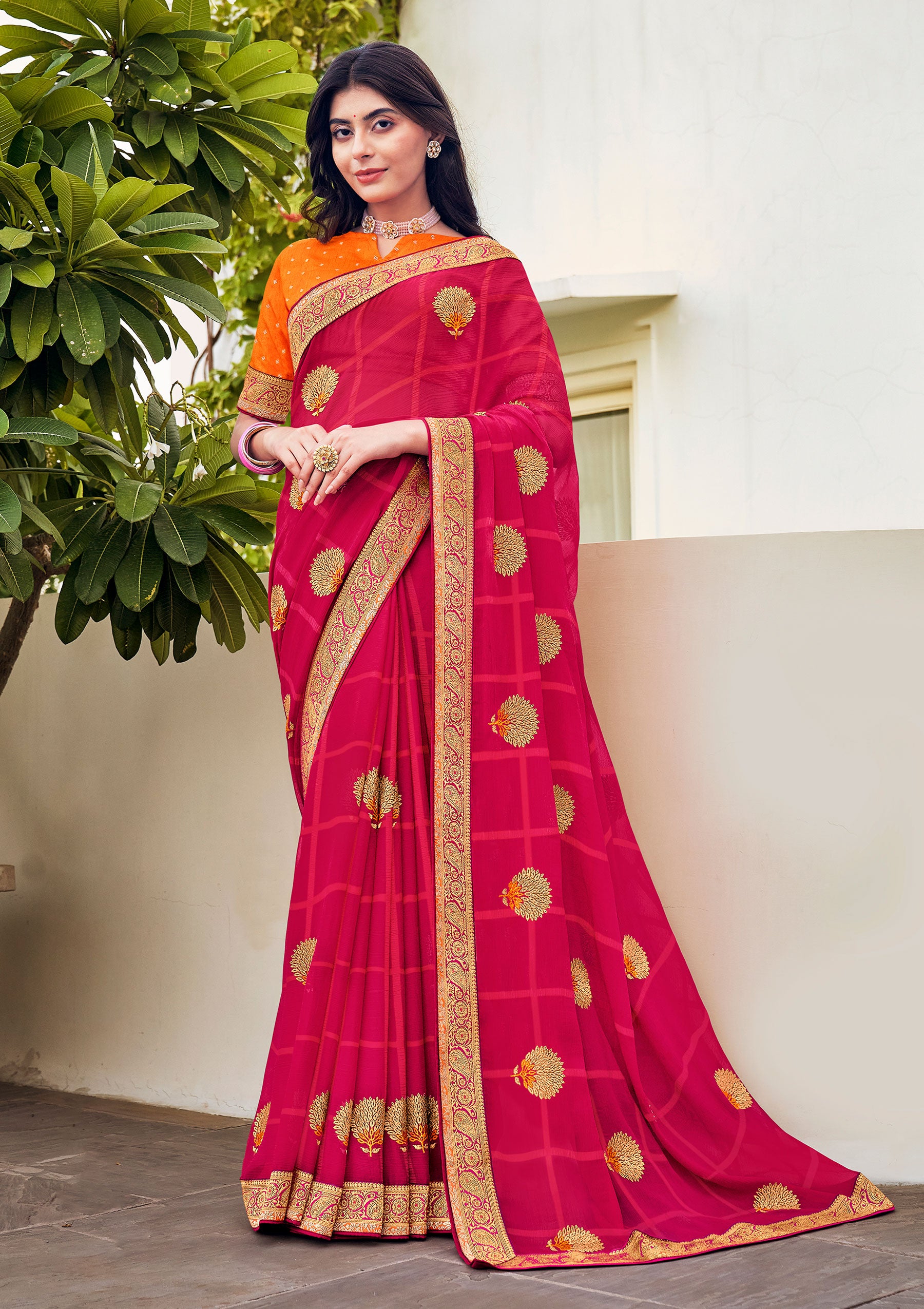 Laxmipati Ajrakh Floral Zari Motifs along with Brocade Border Chiffon Saree in Pink Color with Unstitched Blouse