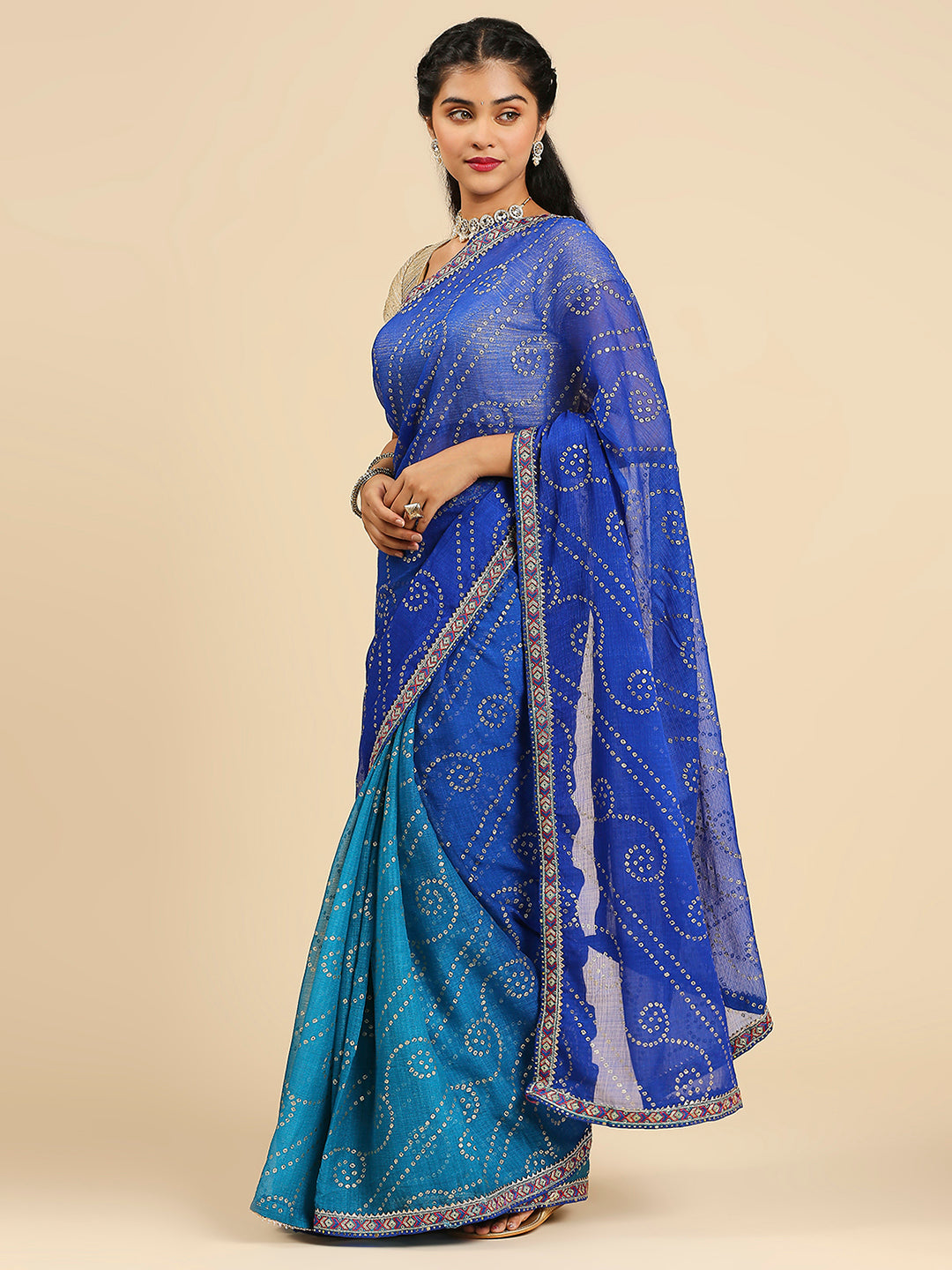 Laxmipati S-1243 Poly Chiffon Firozi & Blue Saree