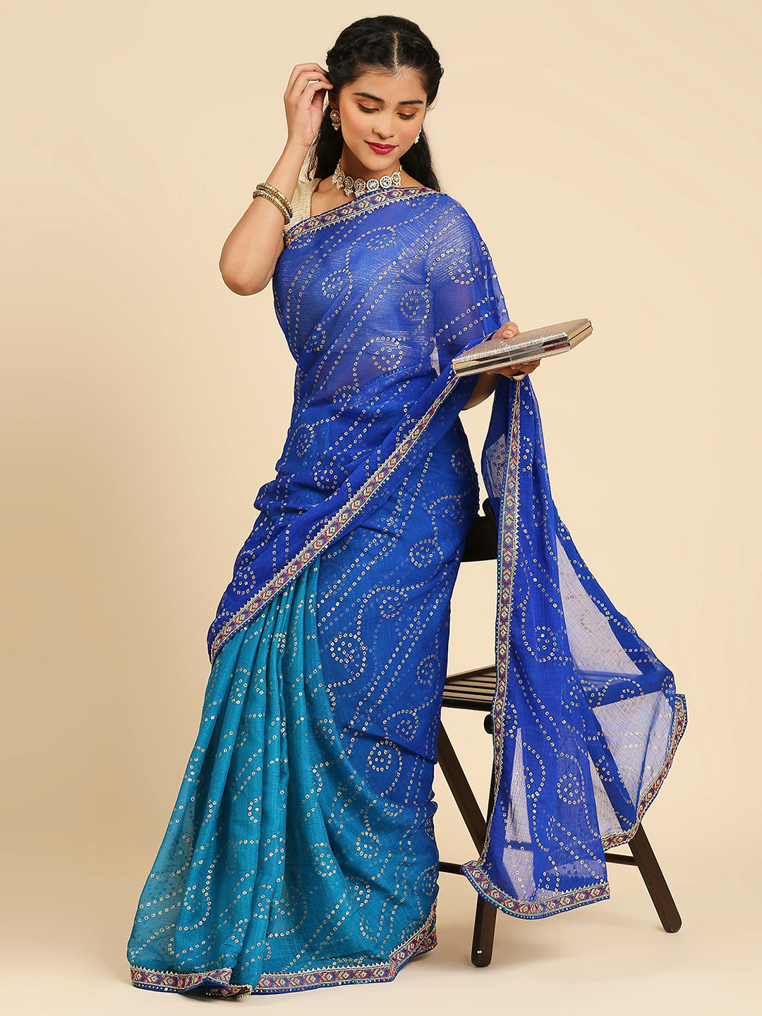 Laxmipati S-1243 Poly Chiffon Firozi & Blue Saree