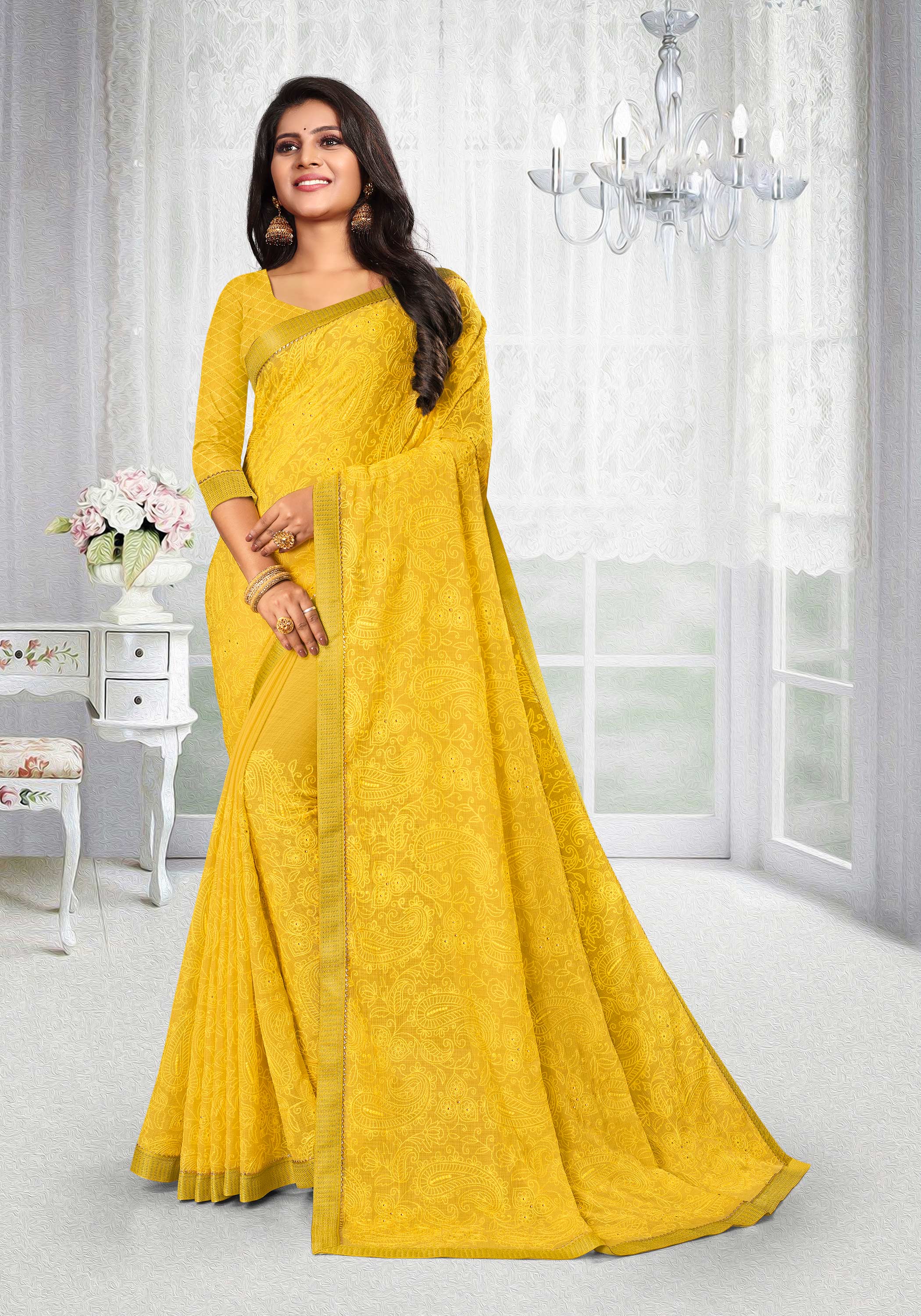 Laxmipati Art Silk Yellow Floral Embroidered Saree