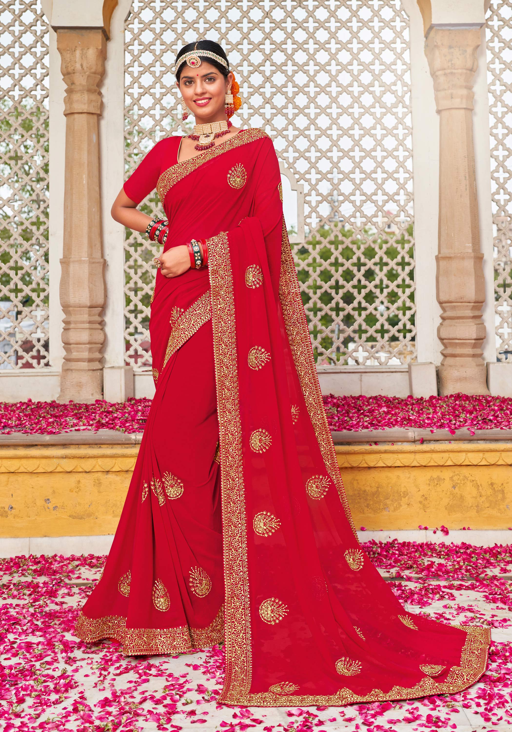 Laxmipati Red Floral Embroidered Georgette Embroidered Saree