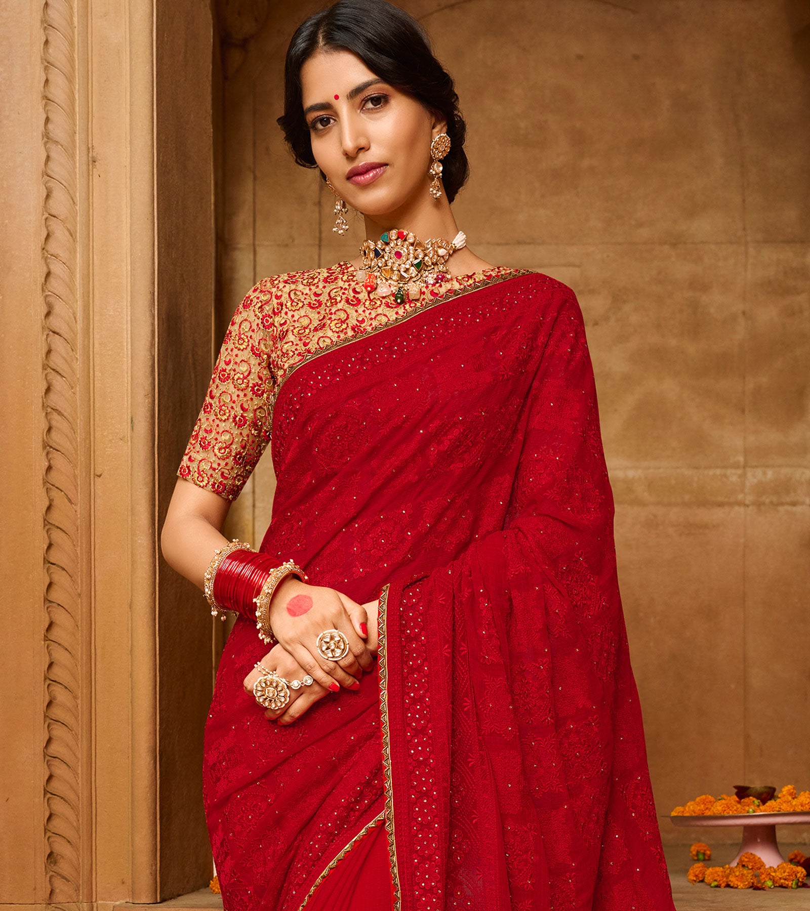 Laxmipati Chiffon Red Floral Embroidered Saree
