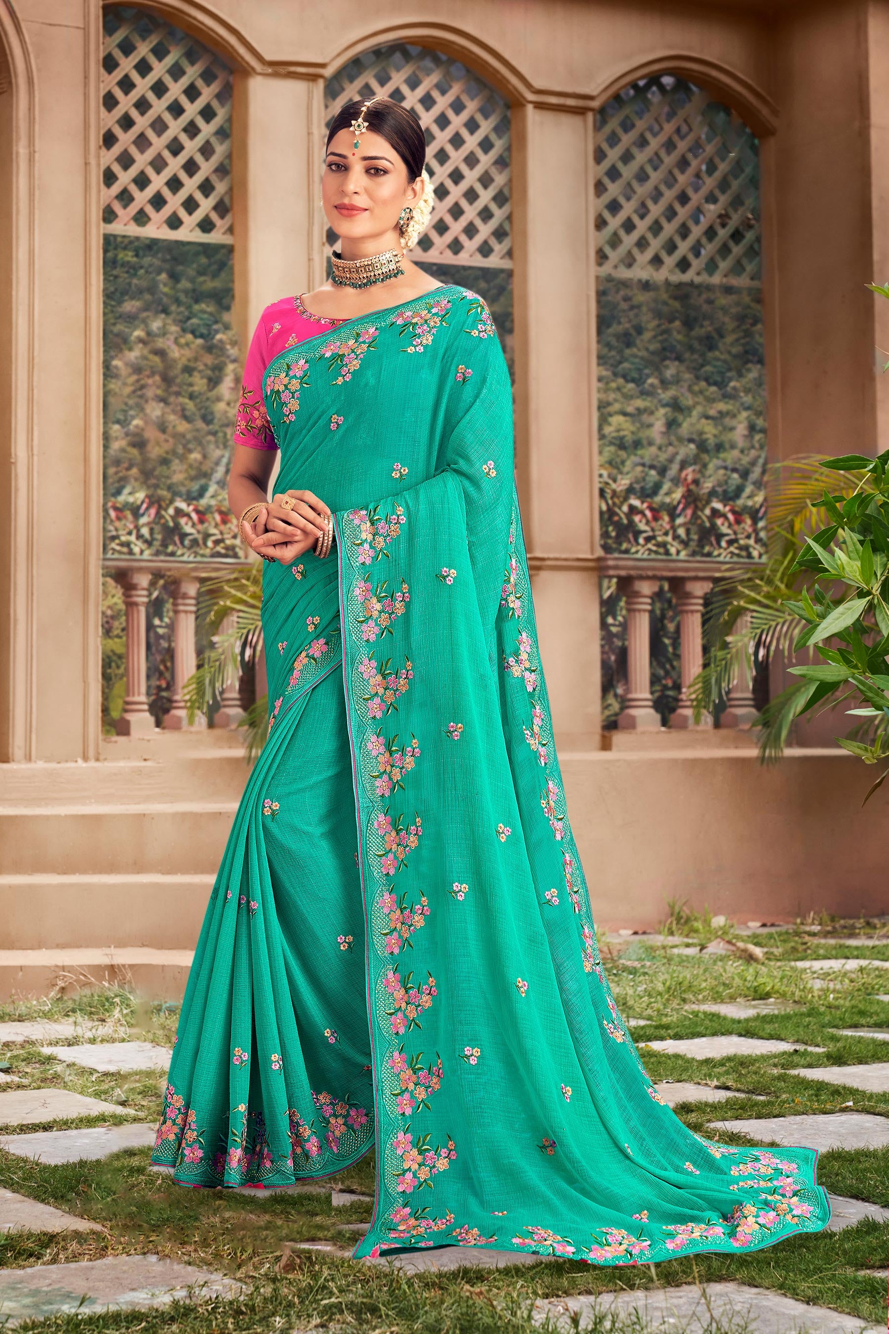 Blue Floral Embroidered Chiffon Saree with Elegant Border - Kalakari