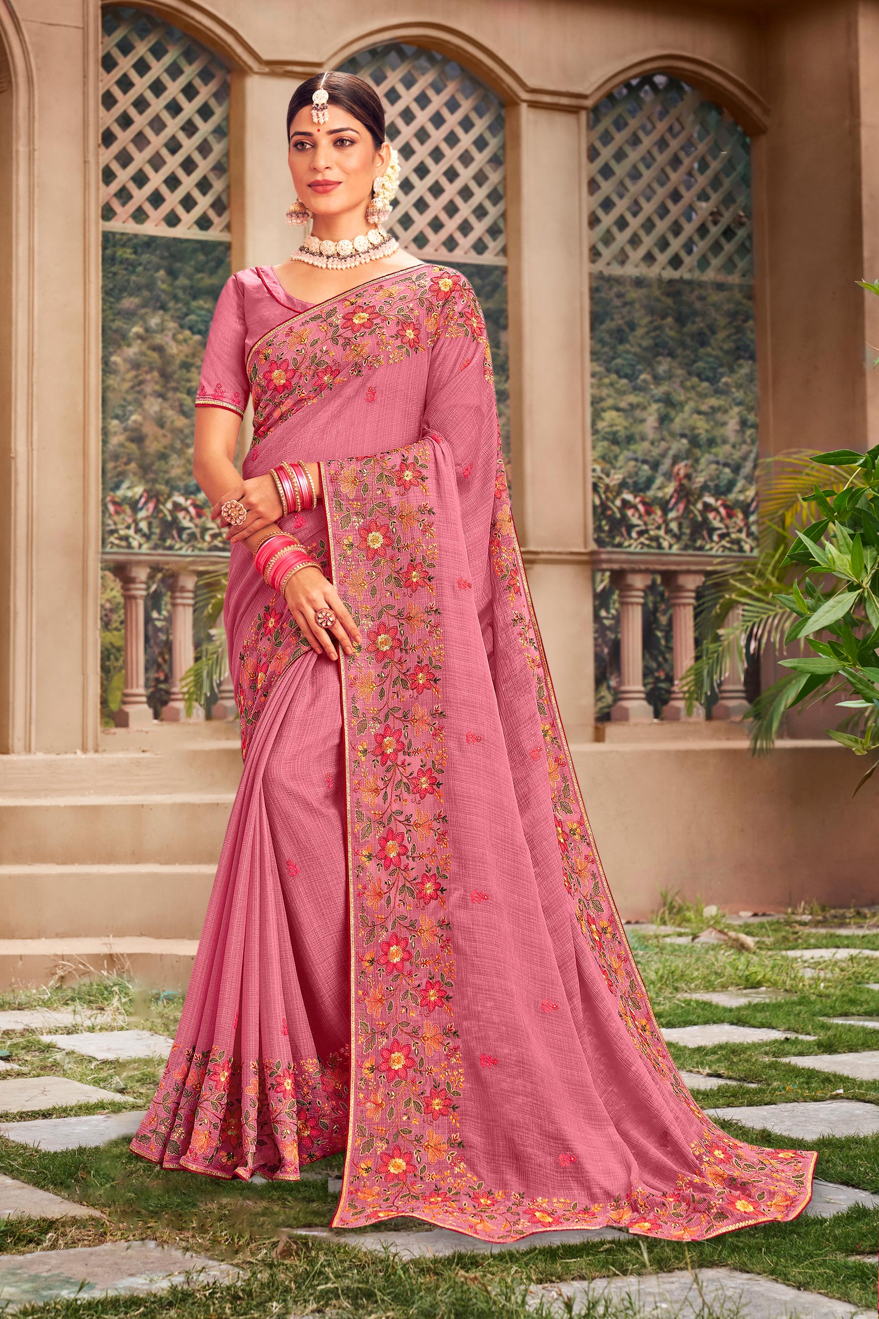 Beautiful Pink Floral Embroidered Chiffon Saree with Elegant Border - Kalakari