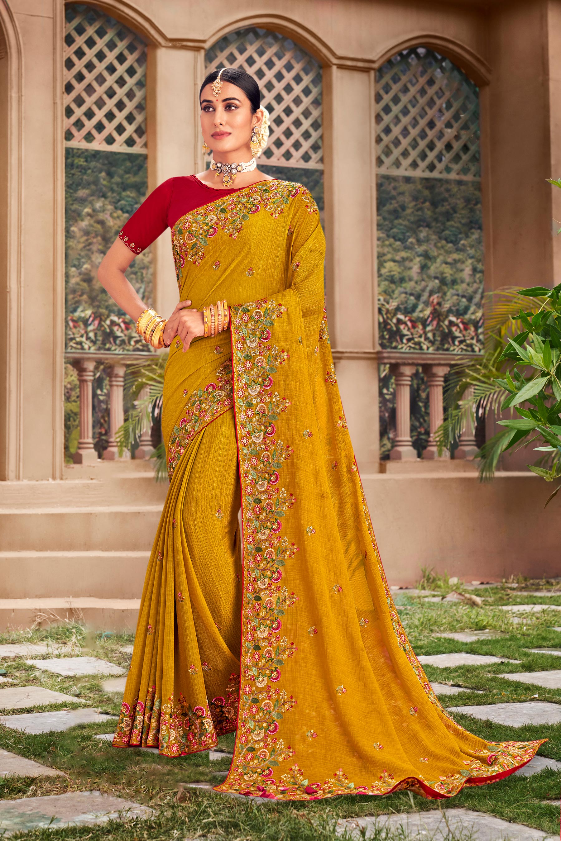 Golden Mustard Floral Embroidered Chiffon Saree with Elegant Border - Kalakari