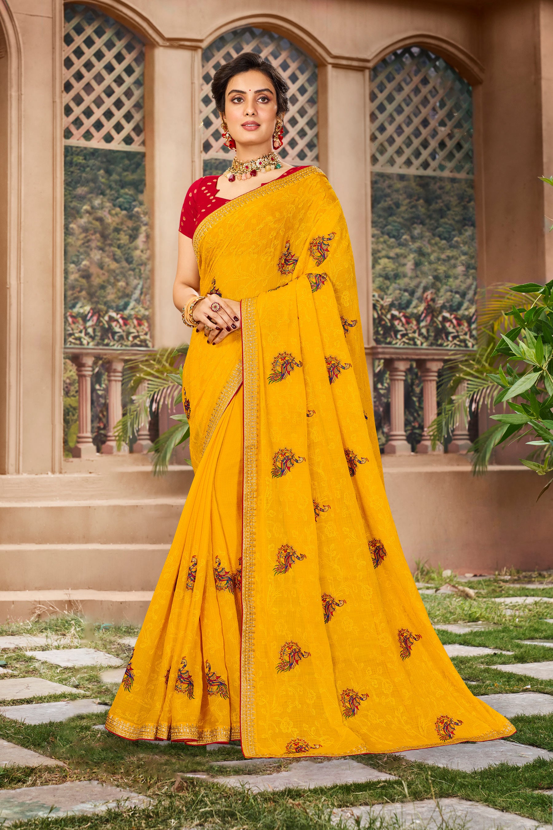 Bright Yellow Floral Embroidered Chiffon Saree with Elegant Border - Kalakari