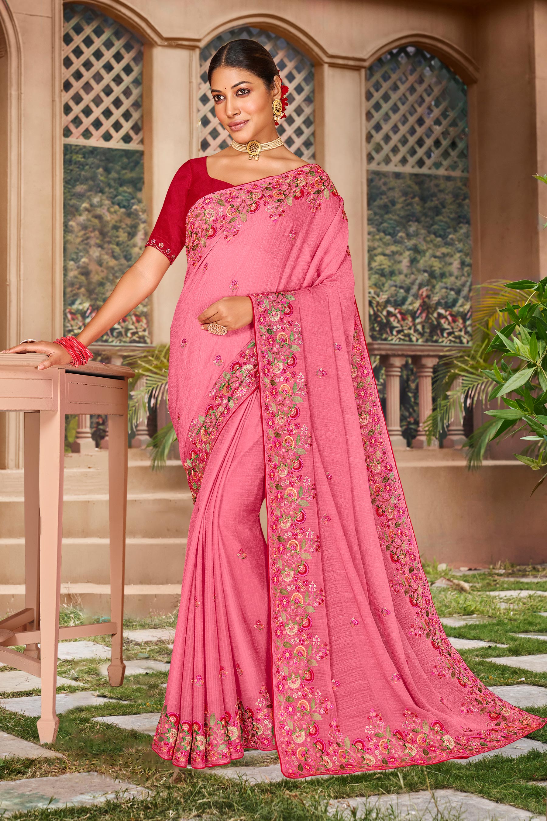 Soft Blush Pink Chiffon Saree with Floral Embroidery & Delicate Border - Kalakari