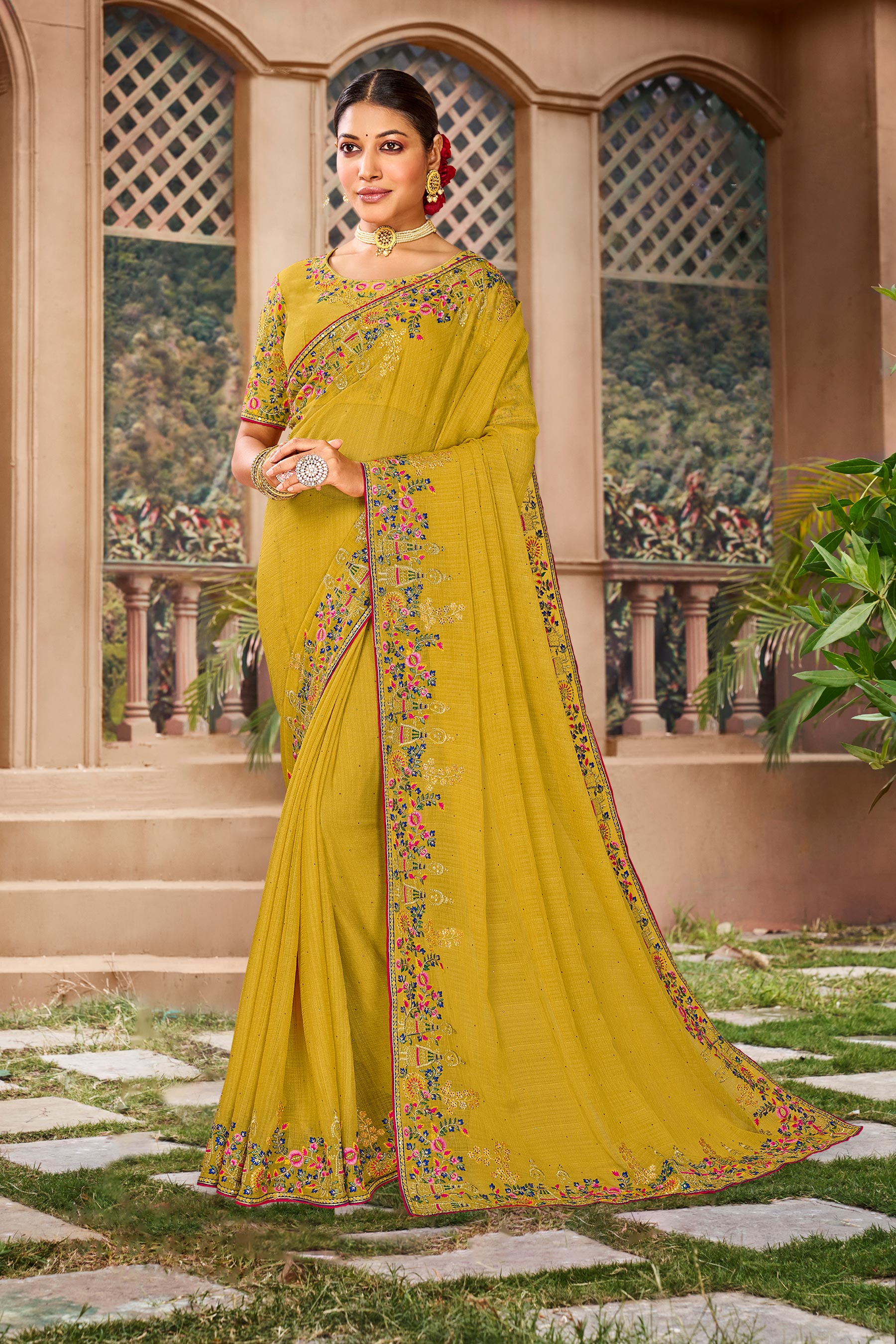 Mustard Floral Embroidered Chiffon Saree with Elegant Border - Kalakari