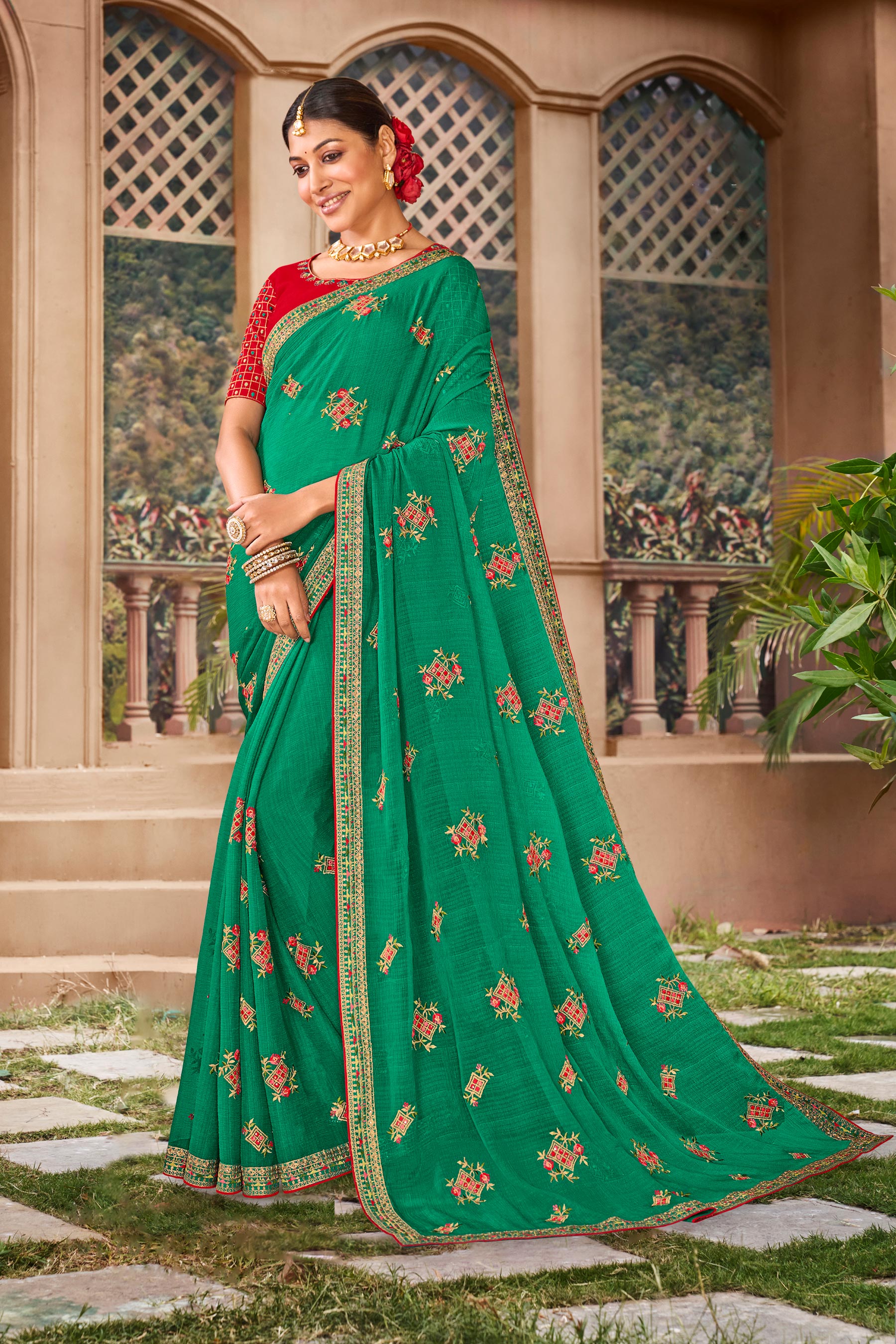 Green Floral Embroidered Chiffon Saree with intricate Border - Kalakari