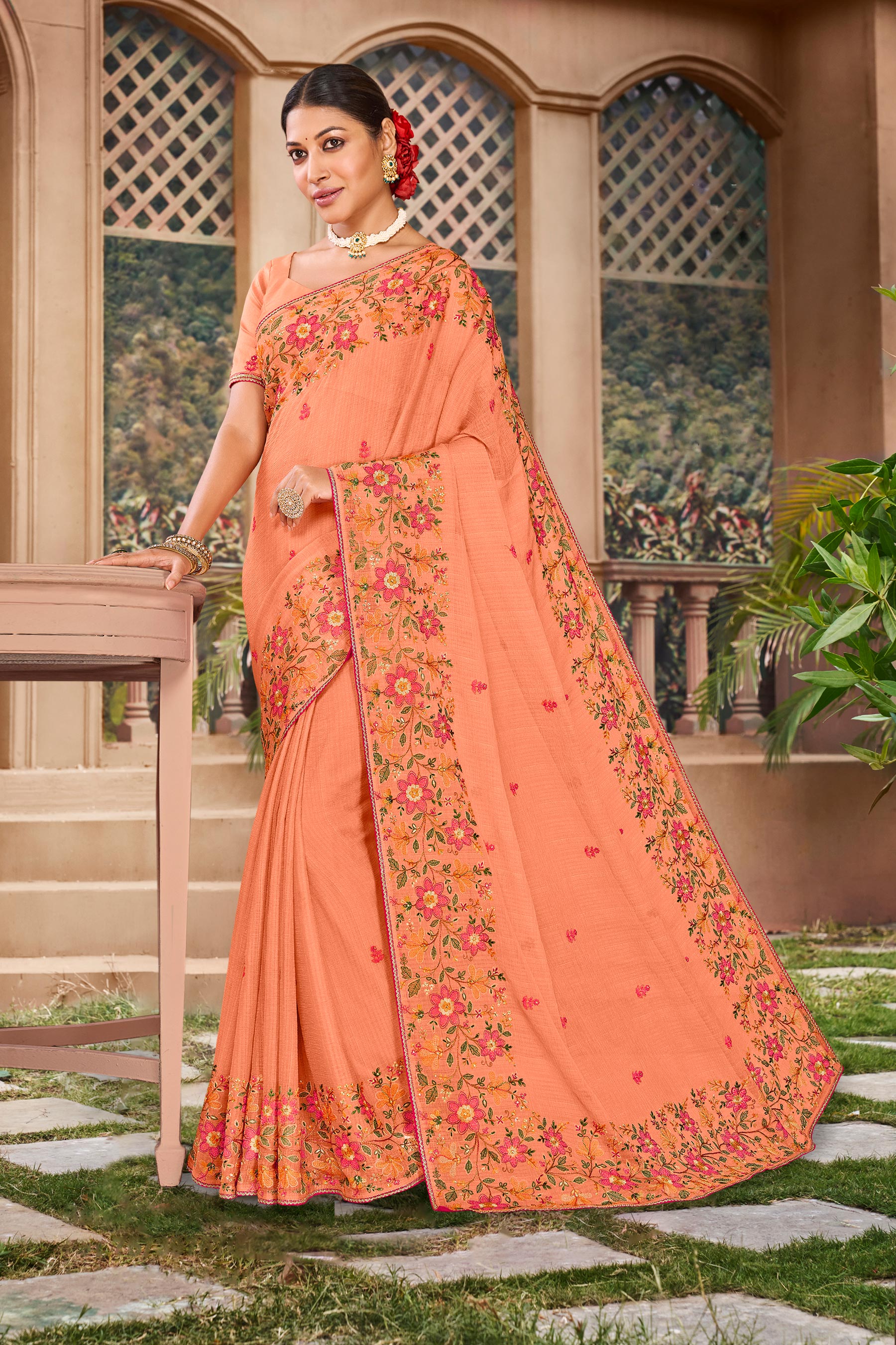 Light Orange Floral Embroidered Chiffon Saree with Elegant Border - Kalakari