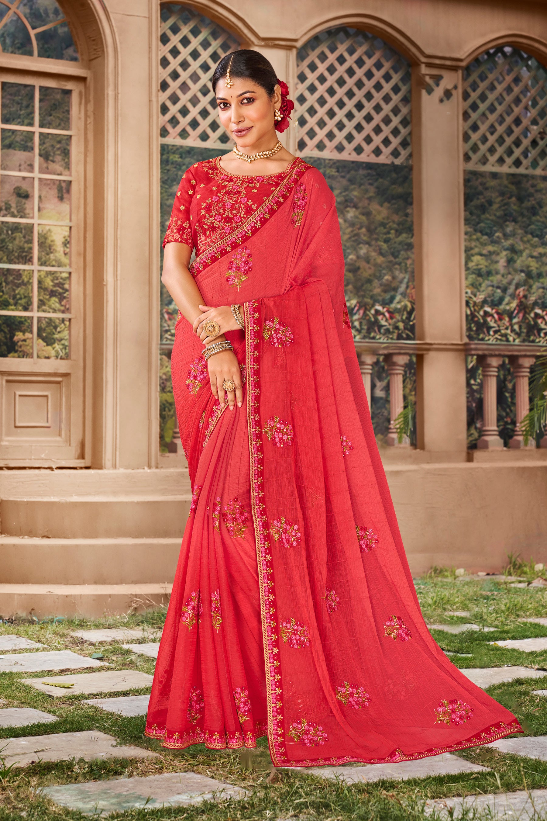 Red Chiffon Saree with Floral Embroidery and Elegant Border - Kalakari