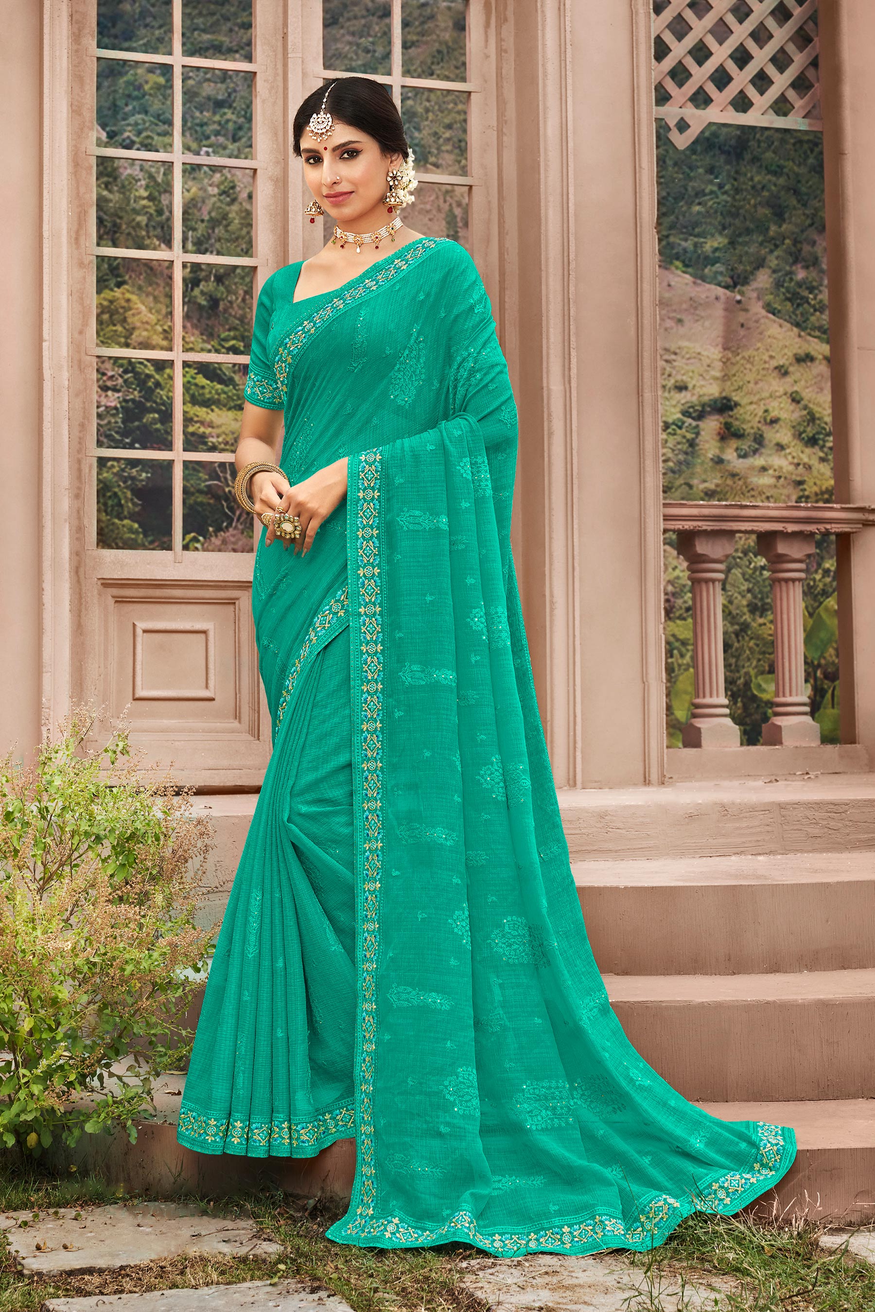 Turkish Green Floral Embroidered Chiffon Saree with Designer Border - Kalakari