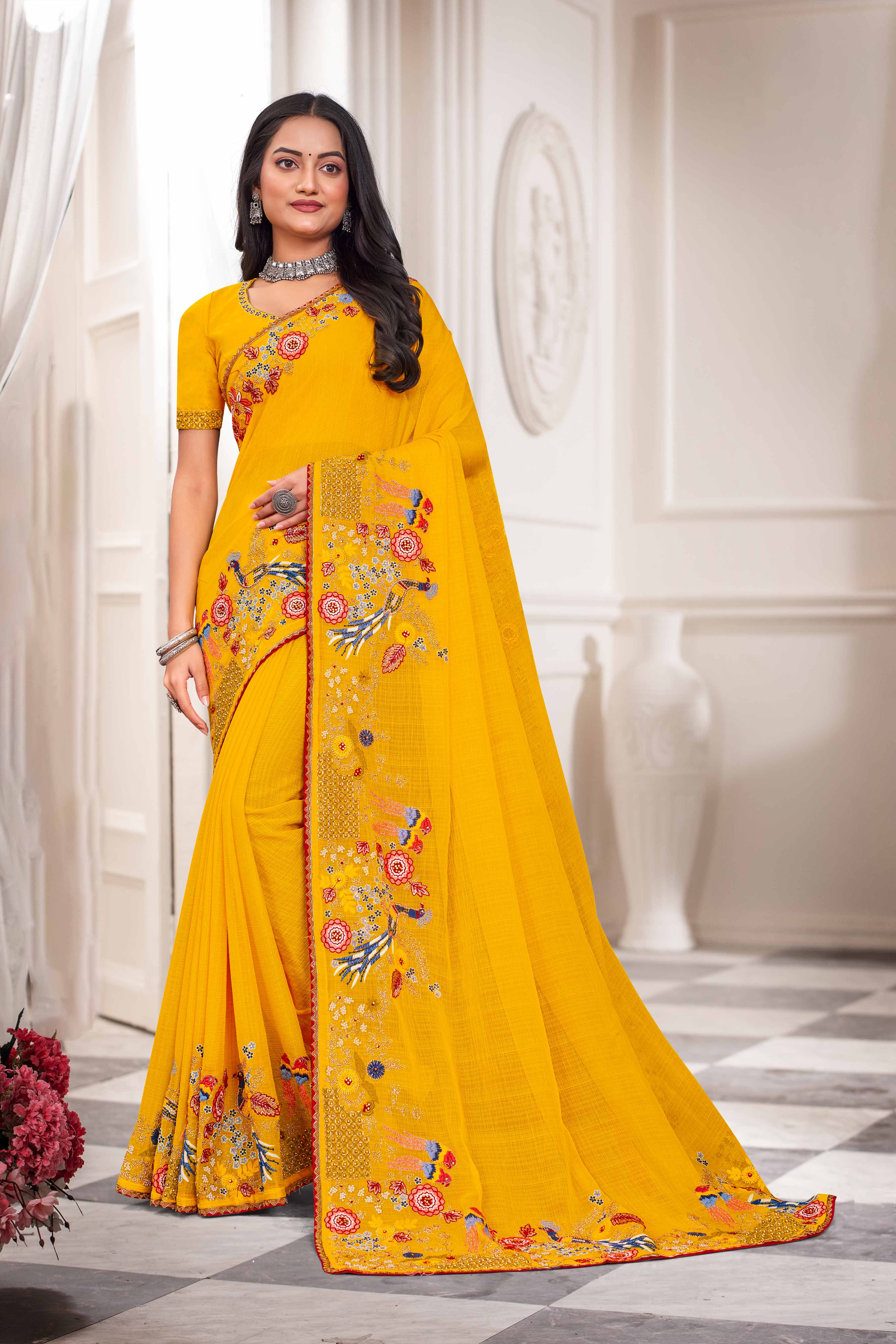 Laxmipati Haldiya Yellow Chiffon Floral Embroidered Saree