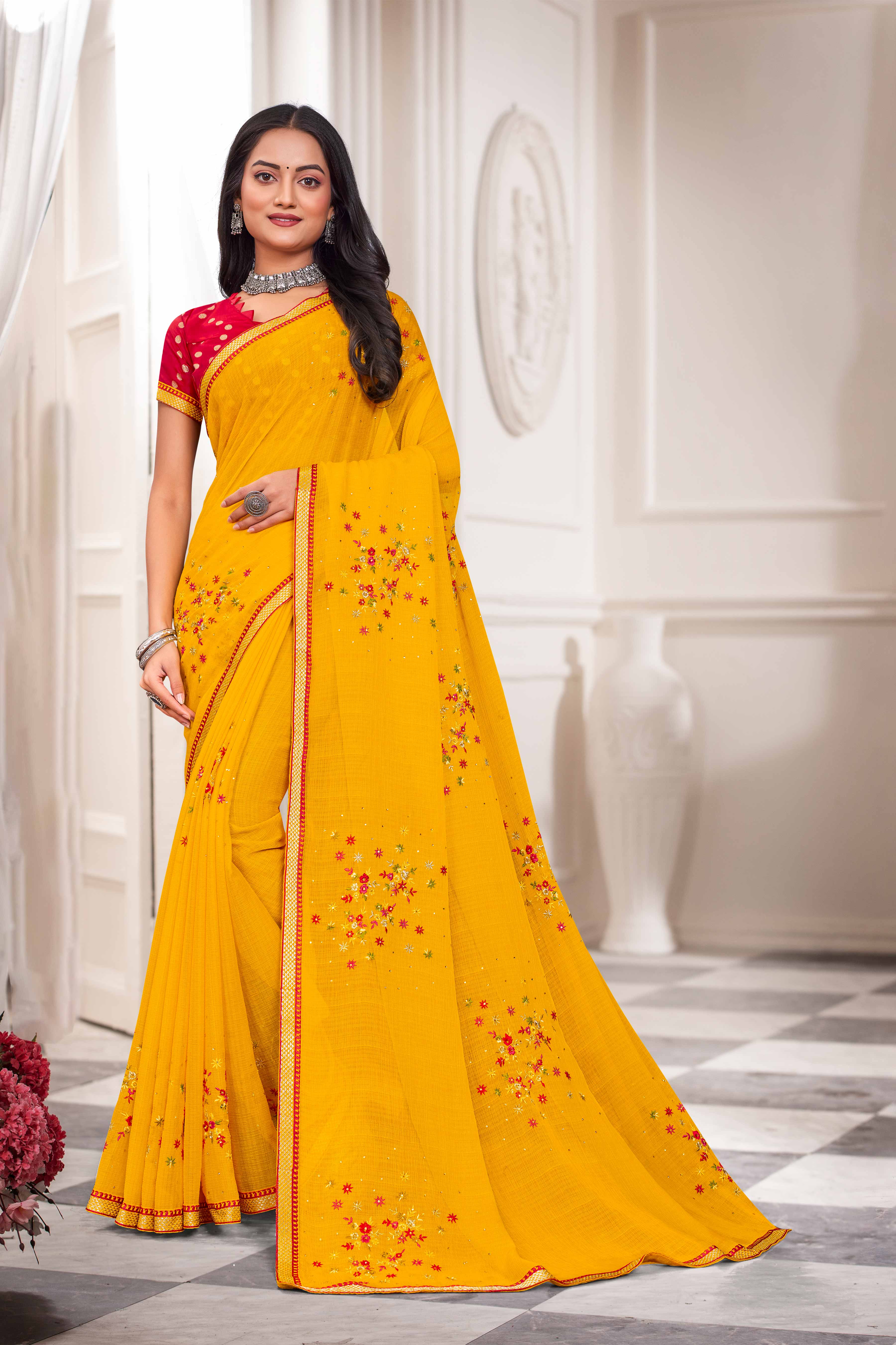 Laxmipati Haldiya Yellow Chiffon Floral Embroidered Saree