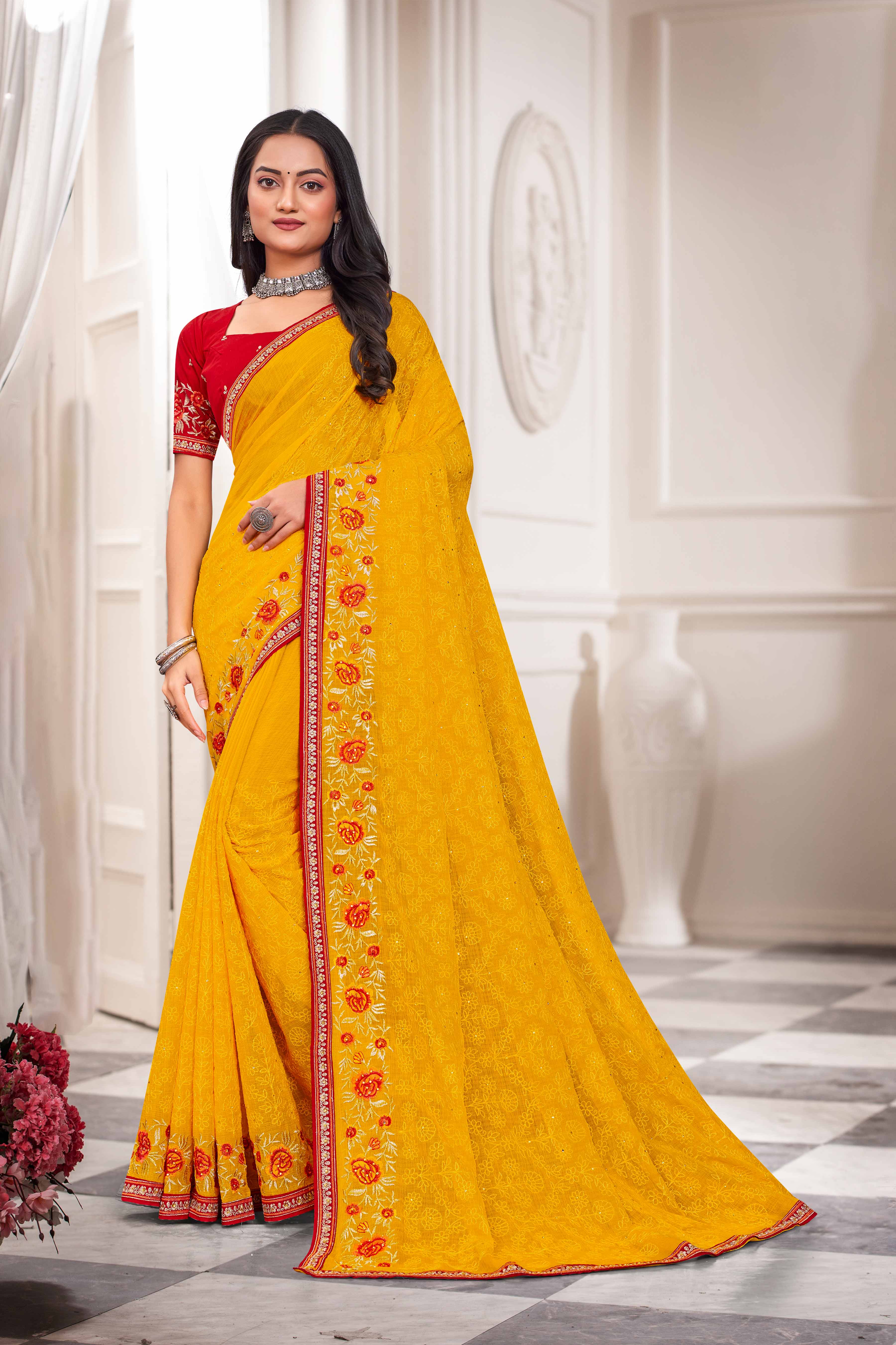 Laxmipati Haldiya Yellow Chiffon Floral Embroidered Saree