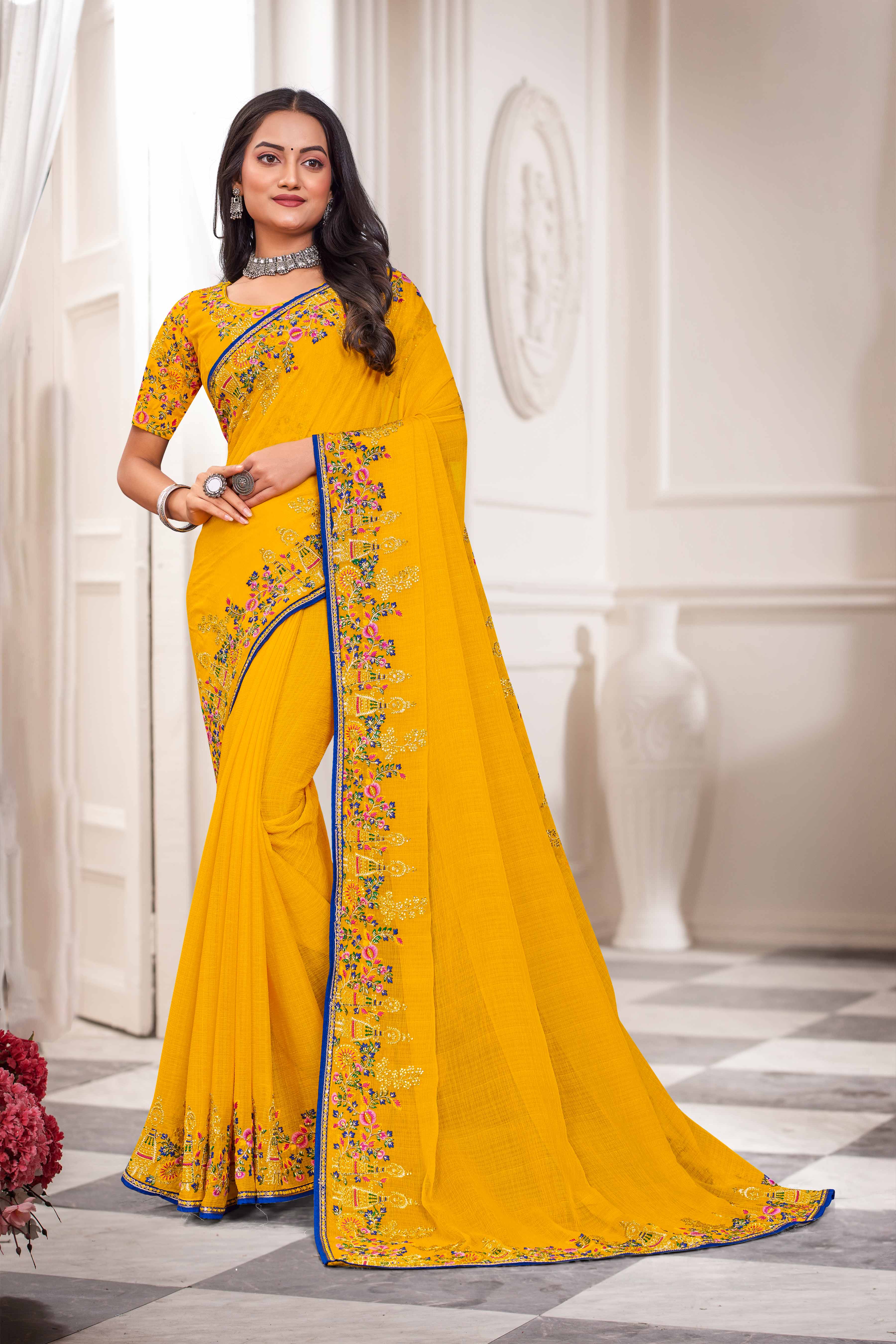 Laxmipati Haldiya Yellow Chiffon Floral Embroidered Saree