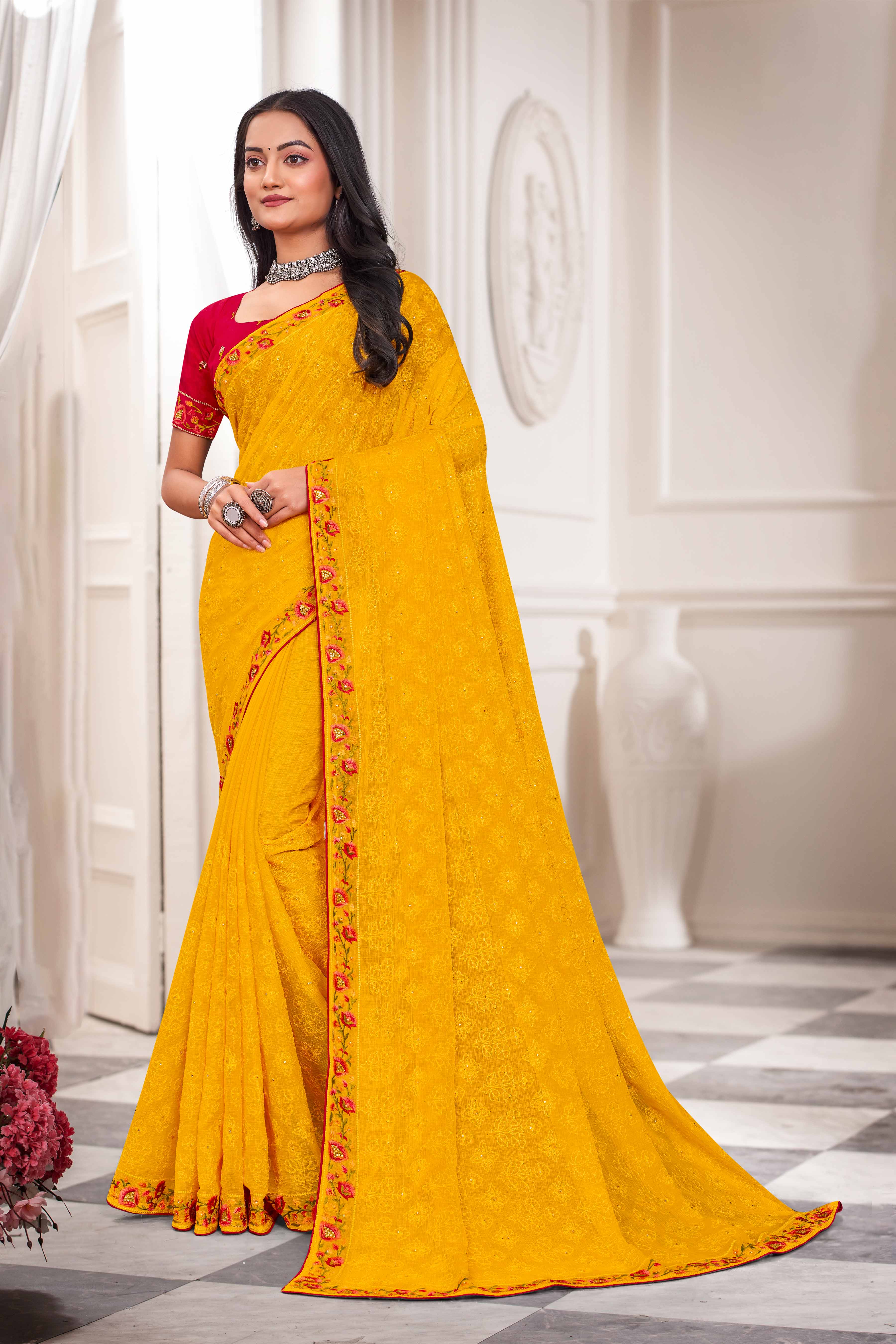Laxmipati Haldiya Yellow Chiffon Floral Embroidered Saree