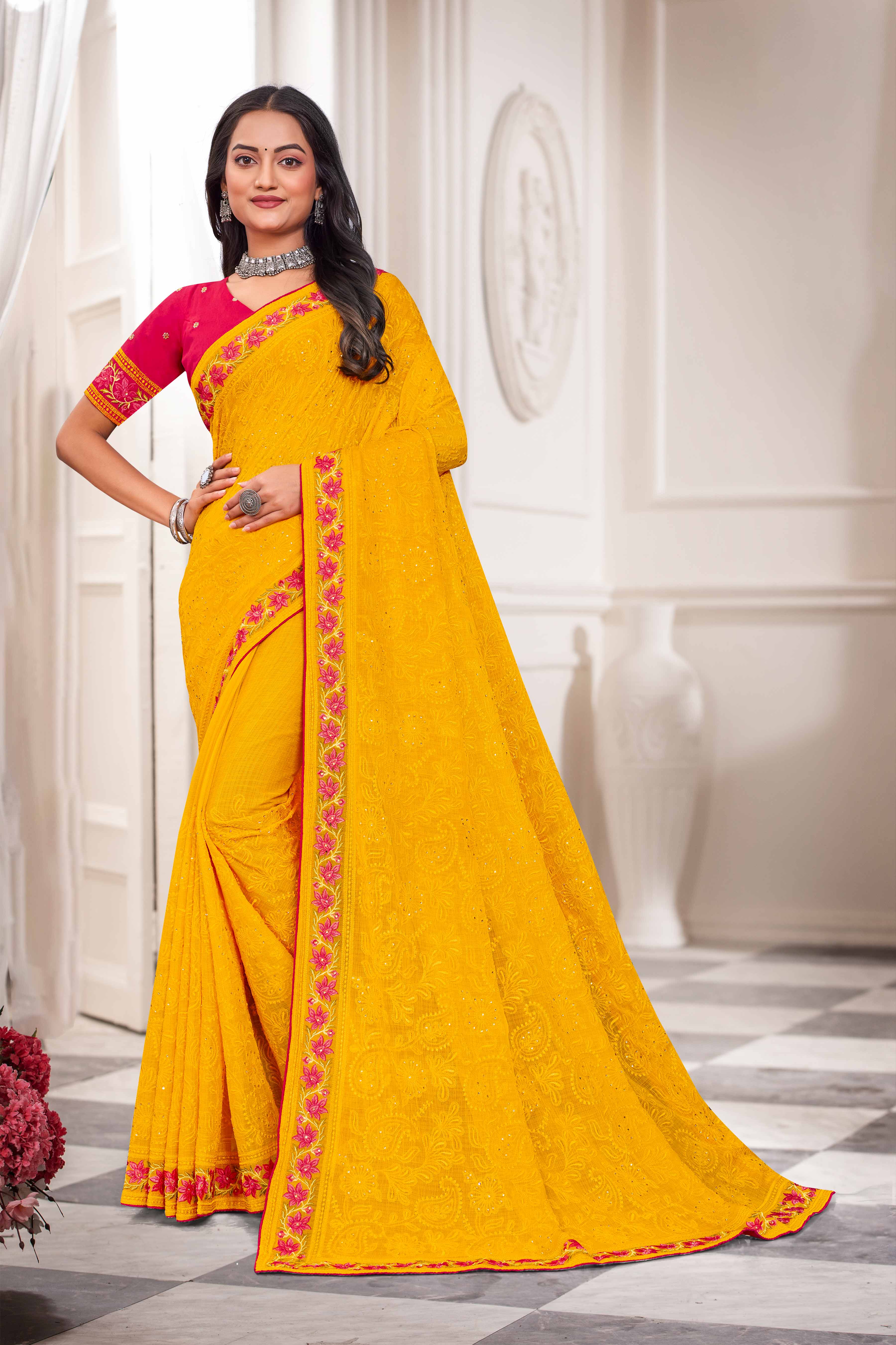 Laxmipati Haldiya Yellow Chiffon Floral Embroidered Saree