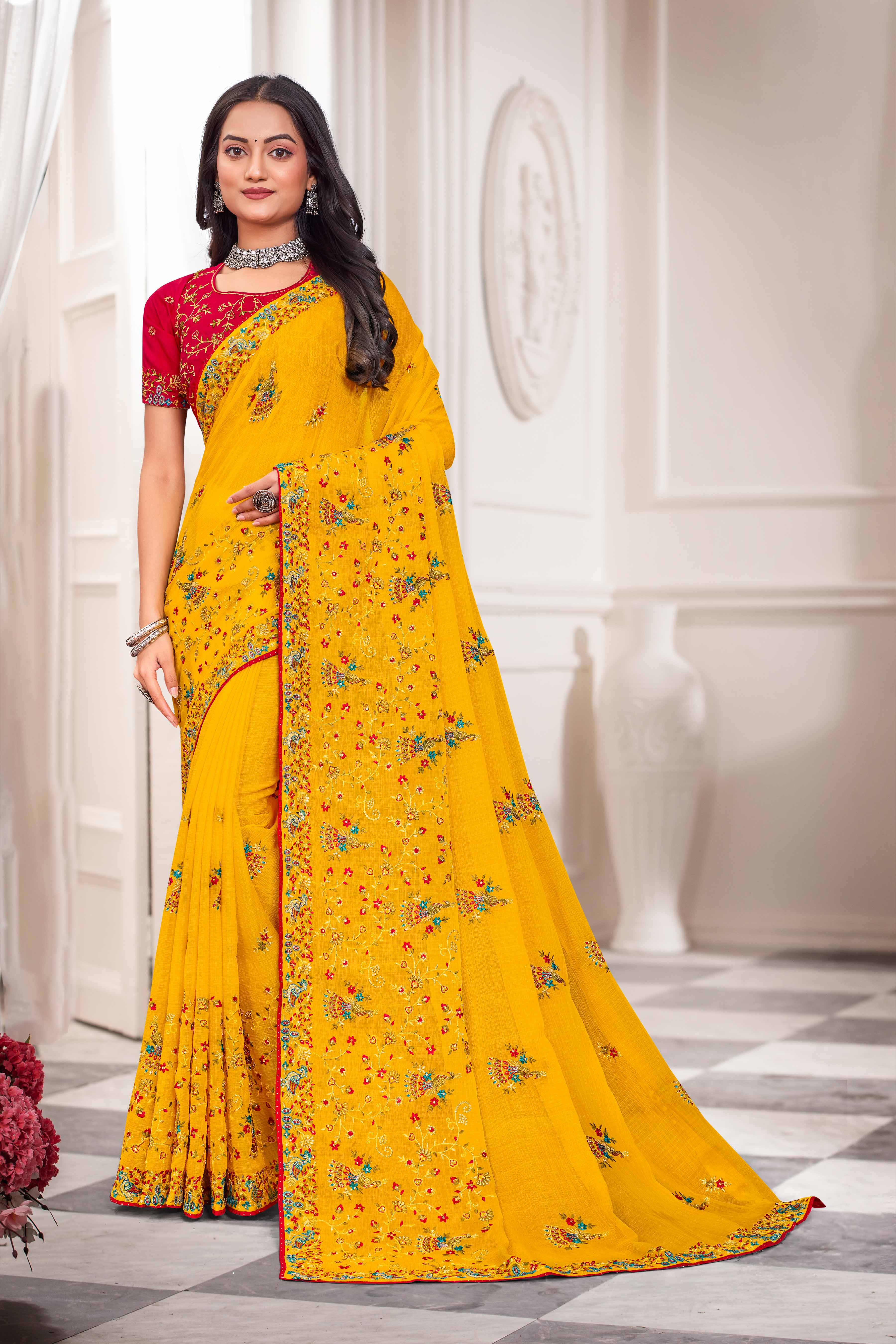 Laxmipati Haldiya Yellow Chiffon Floral Embroidered Saree