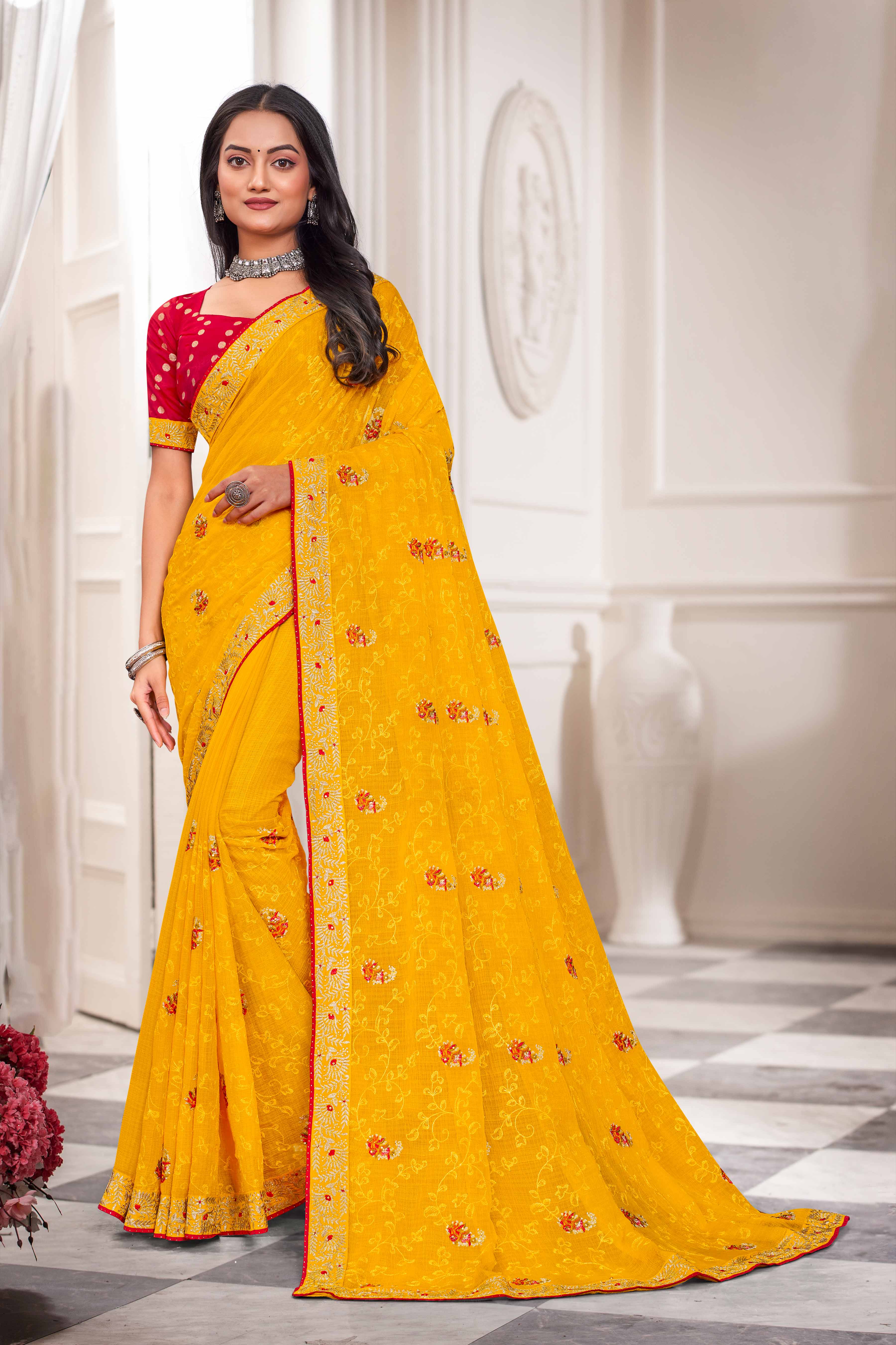 Laxmipati Haldiya Yellow Chiffon Floral Embroidered Saree