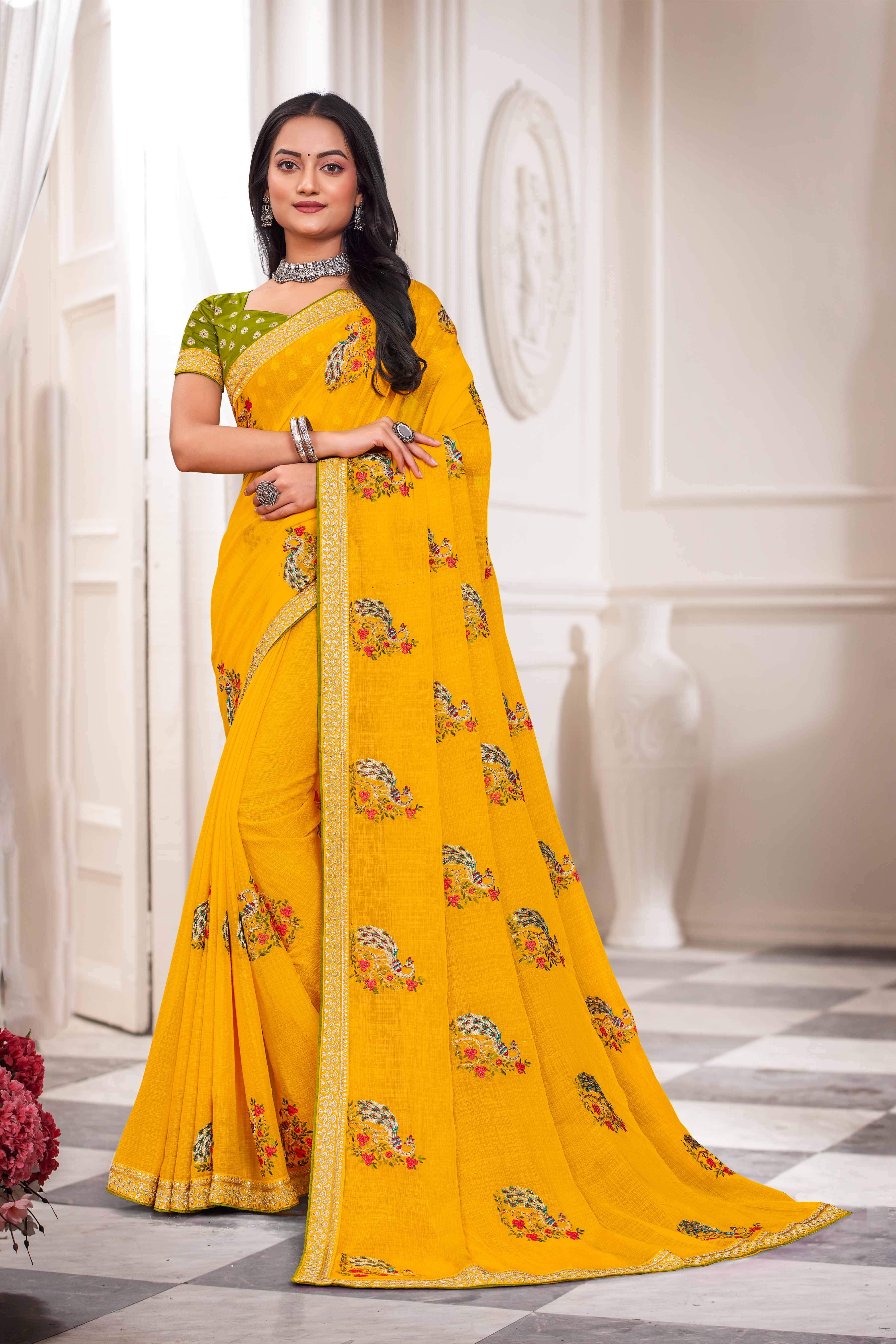 Laxmipati Haldiya Yellow Chiffon Floral Embroidered Saree