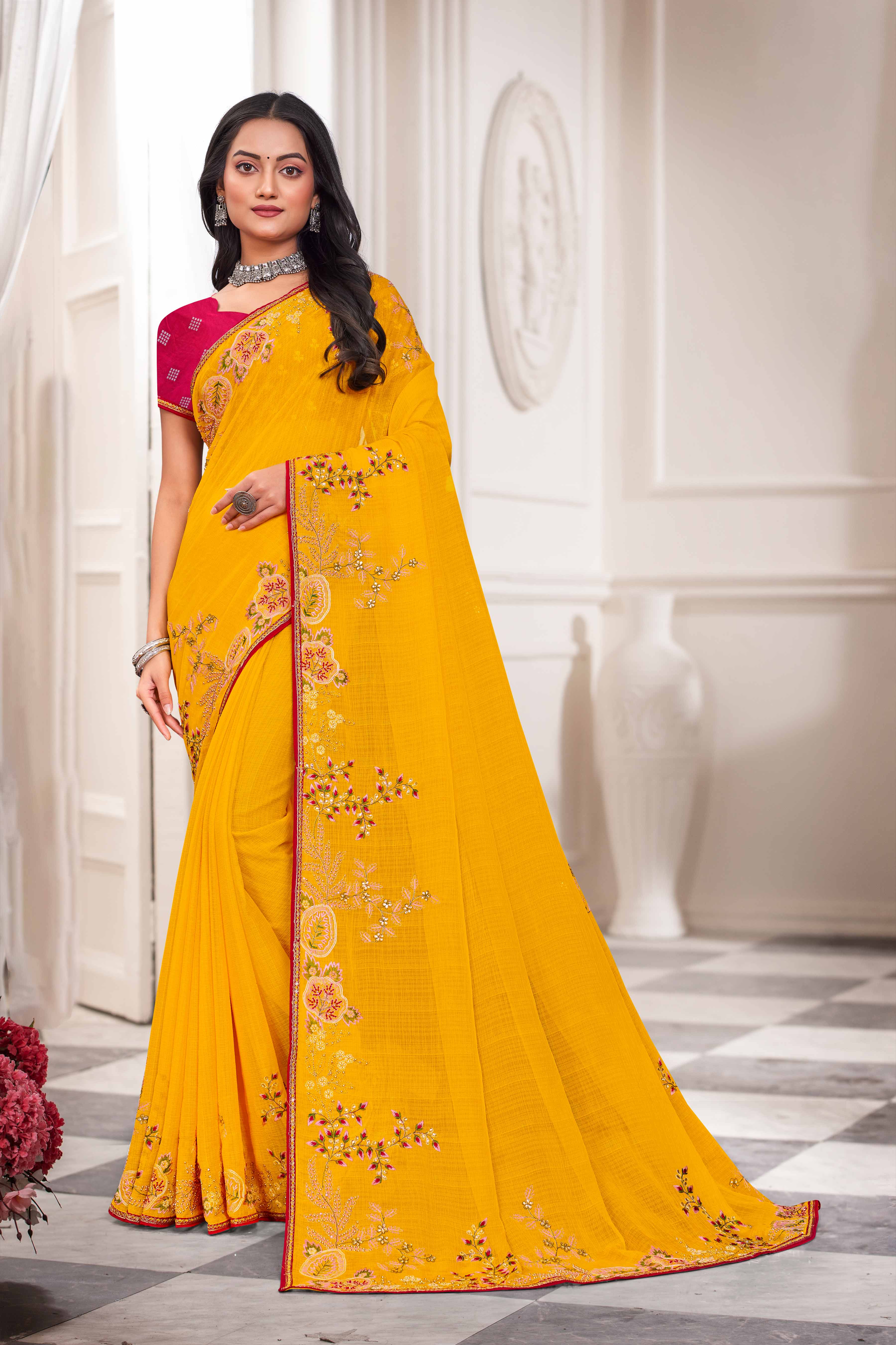 Laxmipati Haldiya Yellow Chiffon Floral Embroidered Saree