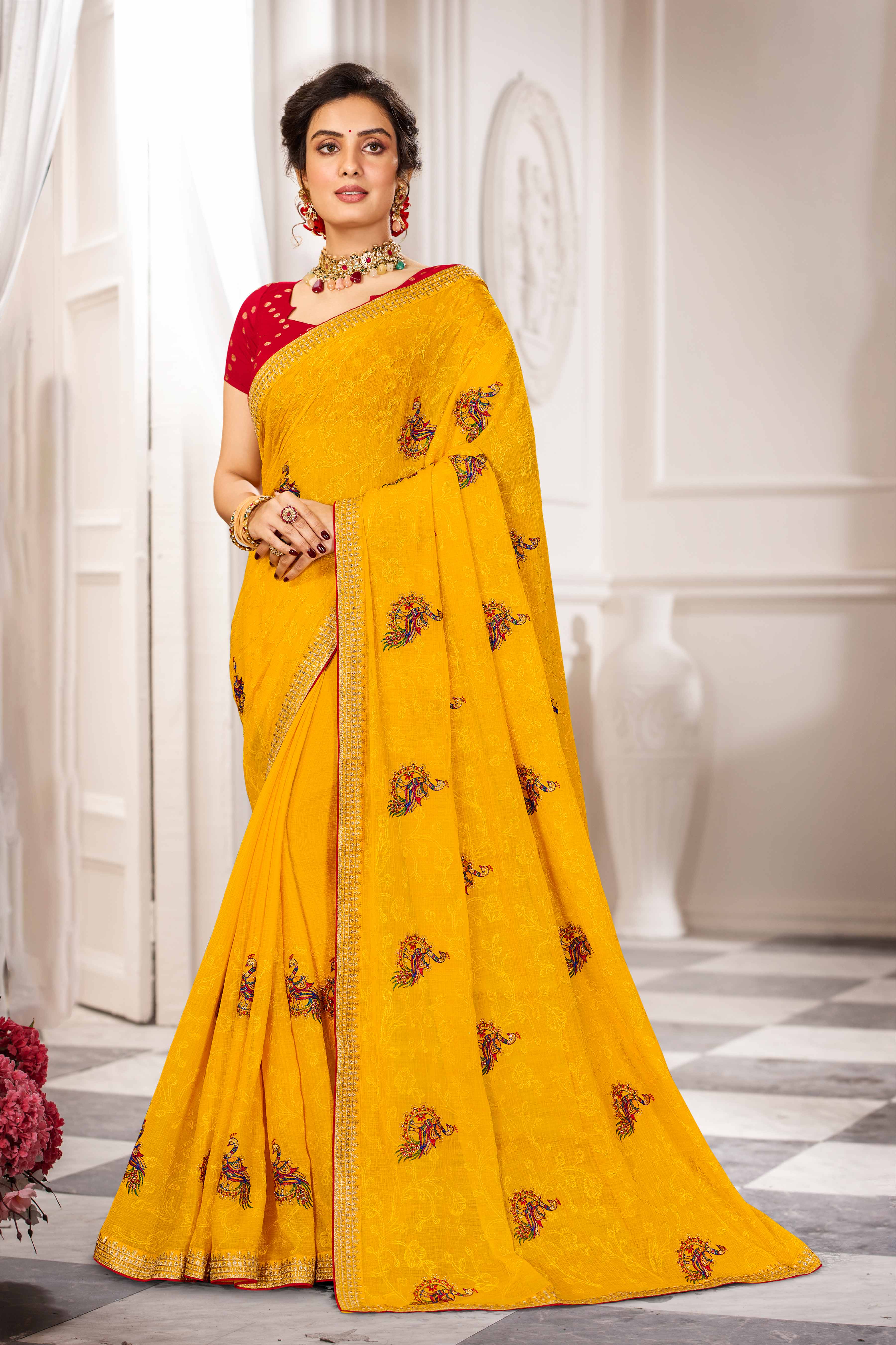 Laxmipati Haldiya Yellow Chiffon Floral & Swan Embroidered Saree